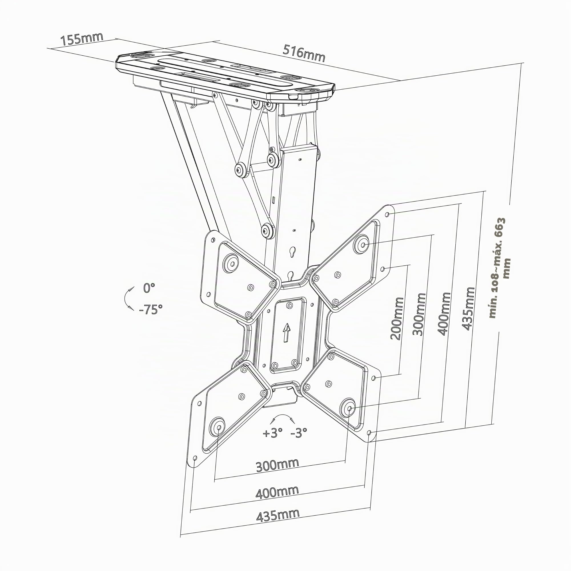TM Electron Soporte TV Motorizado Techo Abatible, VESA hasta 400X400, para Pantallas de 23” hasta 55”, Ajustes de Nivelación, Perfil 108mm, hasta 30kg.
