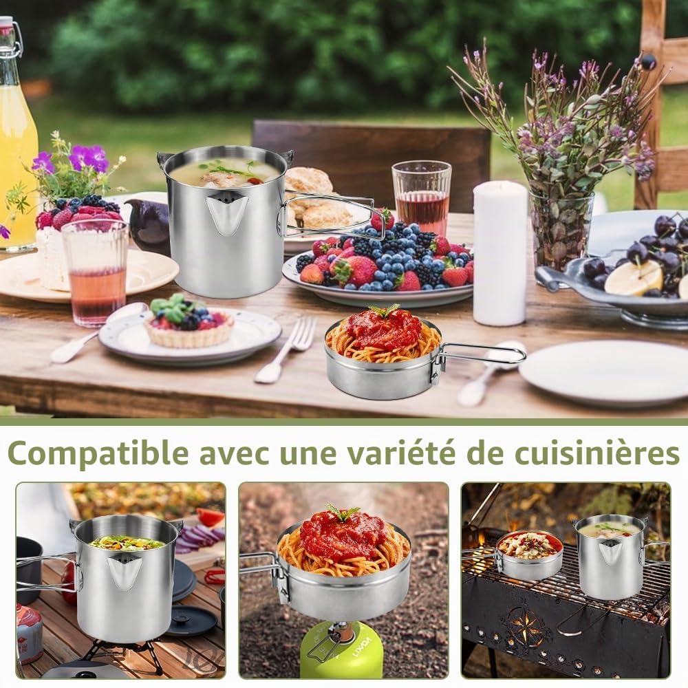 LANSKYLAN Casserole Camping 15.5x11cm, Popote Randonnée en Acier INOX, Popote Camping avec Poignée Pliable, Casserole de Randonnée 1-2 Personnes, Popote Bivouac Portable, pour Cuisson Pique-Nique