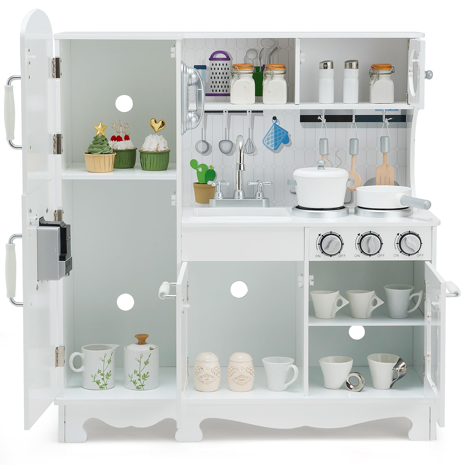 DREAMADE Kinderküche aus Holz mit Spielzubehör, Kinderspielküche mit Kühlschrank Spüle Herd Backofen, Holzküche Spielzeugküche, Spielküche mit Licht und Sound für Kinder ab 3 Jahren, Weiß