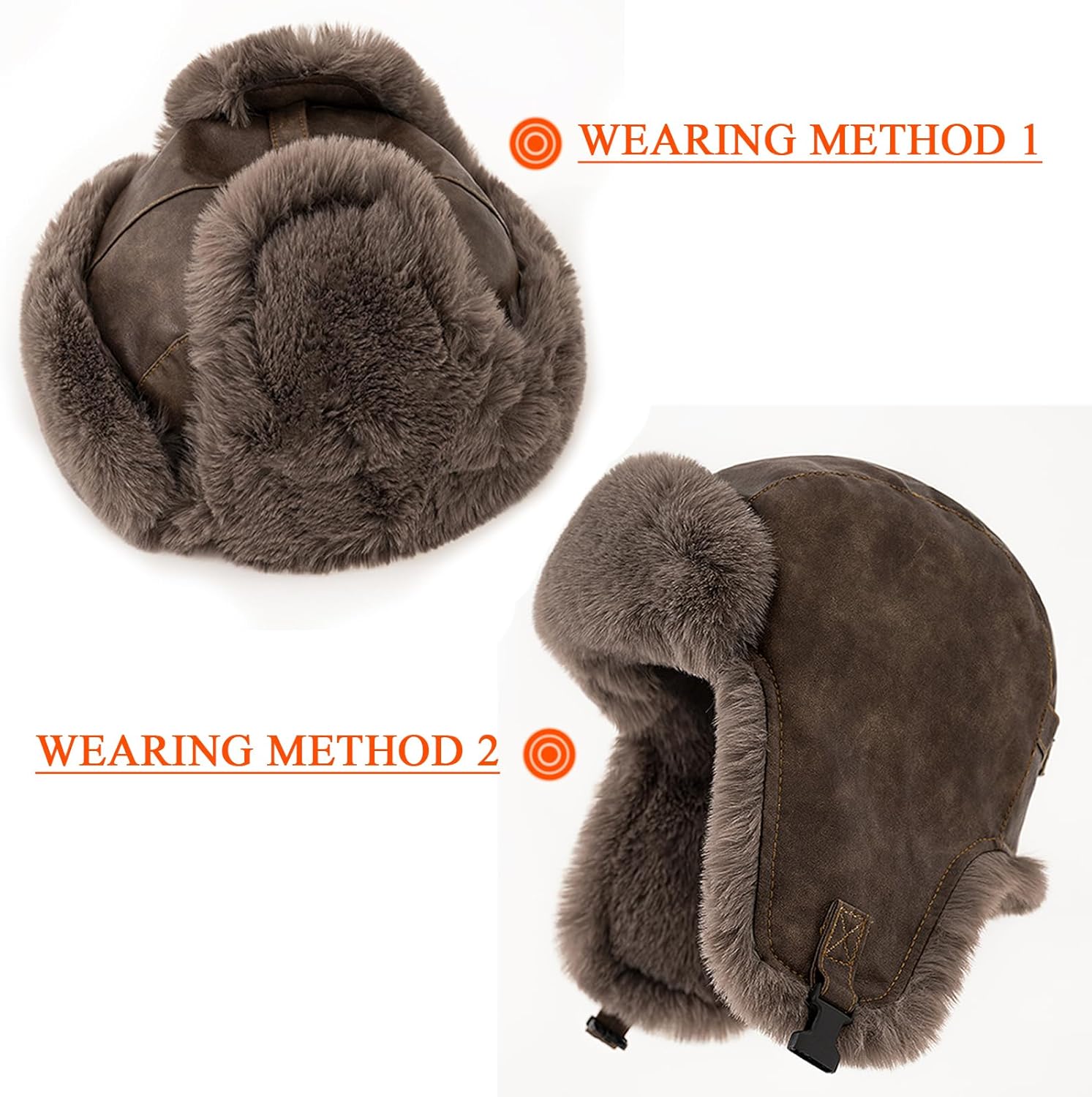 Unisex Winter Trapper Hat for Men Women - Windproof Faux Leather with Thermal Long Plush Lining, Adjustable Chin Strap,Khaki Brown