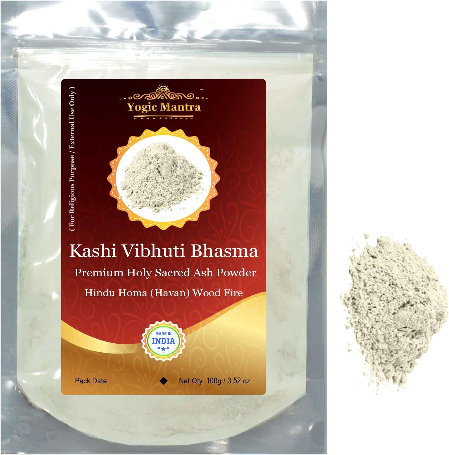 Kashi Vibhuti Powder Holy Ash Powder (100 g / 3.52 oz Sacred Ash Resealable Pouch Pack) Energized Vibhuti Bhasma for Hindu Holy Pooja Vidhi, Puja Items Samagri & Vibhooti Tripundra Tikka