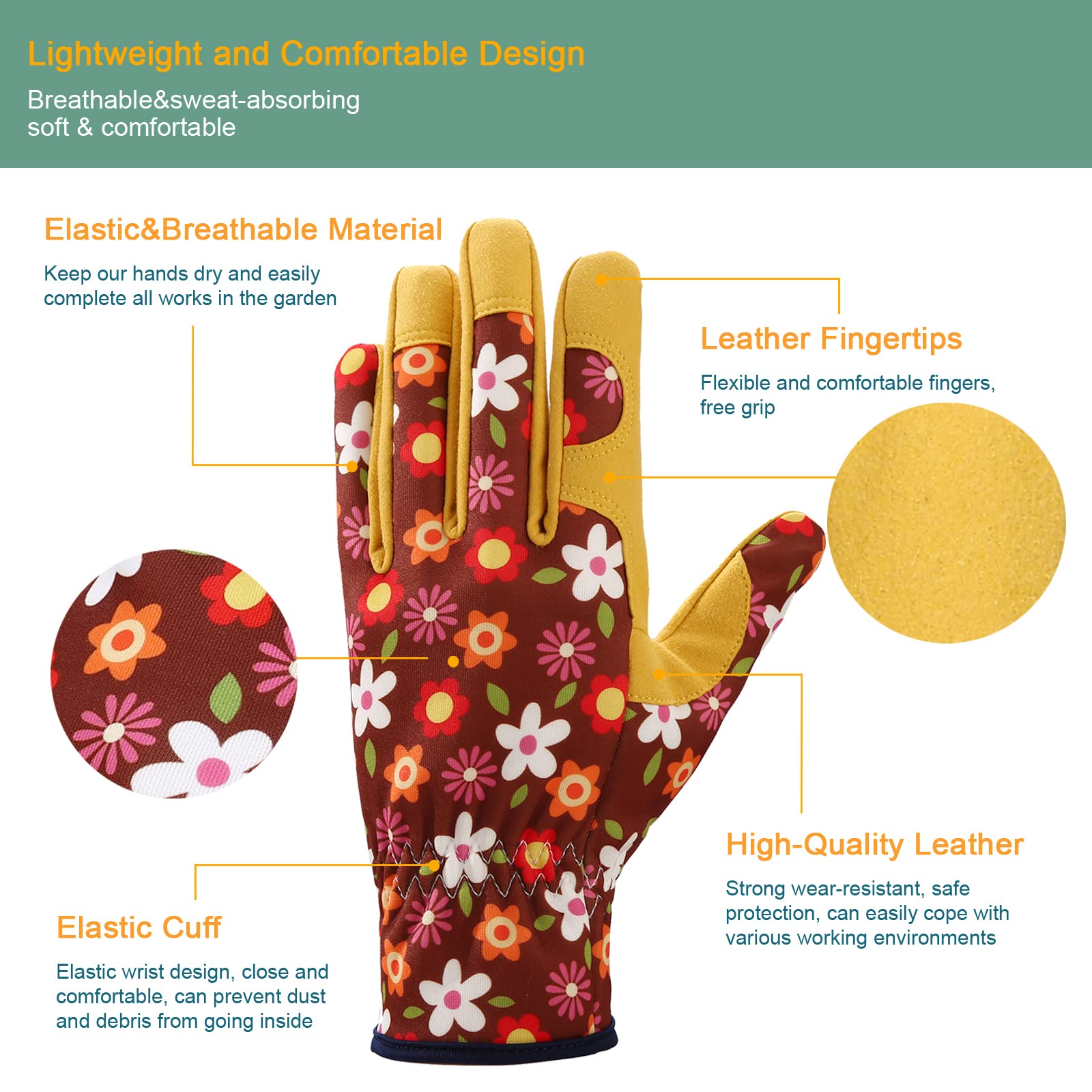 Guantes de jardinería de cuero para mujer, guantes de trabajo para deshierbe, excavación, plantación, rastrillar y poda (marrón+amarillo)