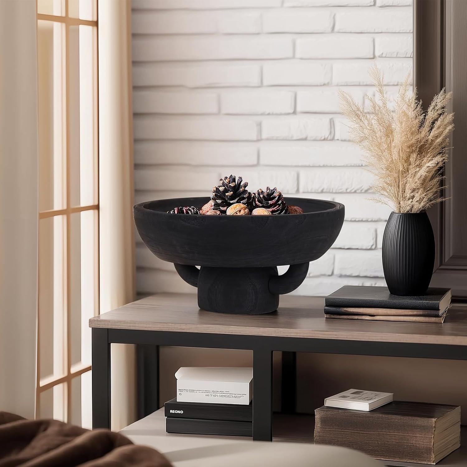 XMGZQ Black Decorative Bowl, Extra Large, Rustic Wooden Fruit Bowl for Home Decor, Kitchen Counter, Entryway & Table Centerpiece