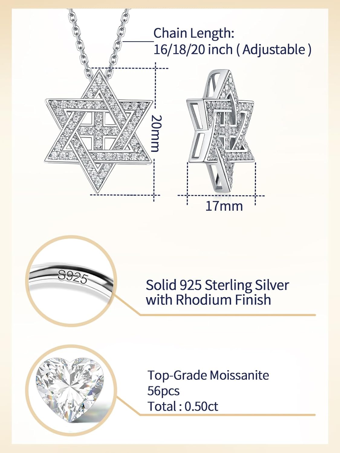 CYW Moissanite Jewish Star of David Pendant Necklace for Women, Really Authentic Solid 925 Sterling Silver, Israel Necklace - Image 5
