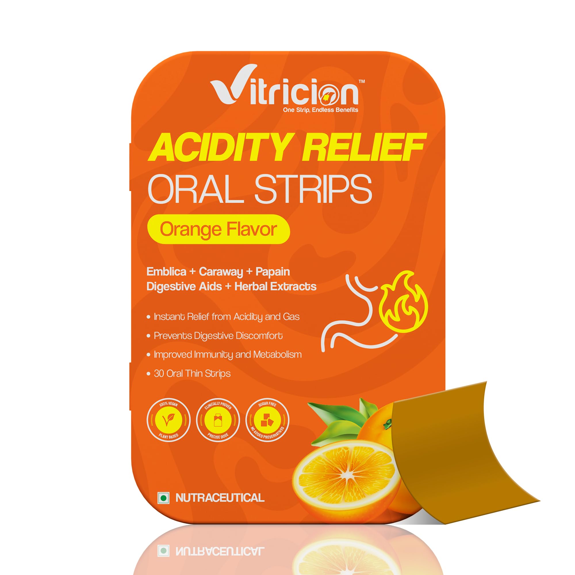 Vitricion Acidity Relief Oral Strips – Instant Relief from Heartburn, Gas & Bloating | Natural Antacid with Amla, Fennel & Mint | Fast Dissolving, No Water Needed | Sugar-Free Orange Flavour | 30 Fast Dissolving Oral Strips