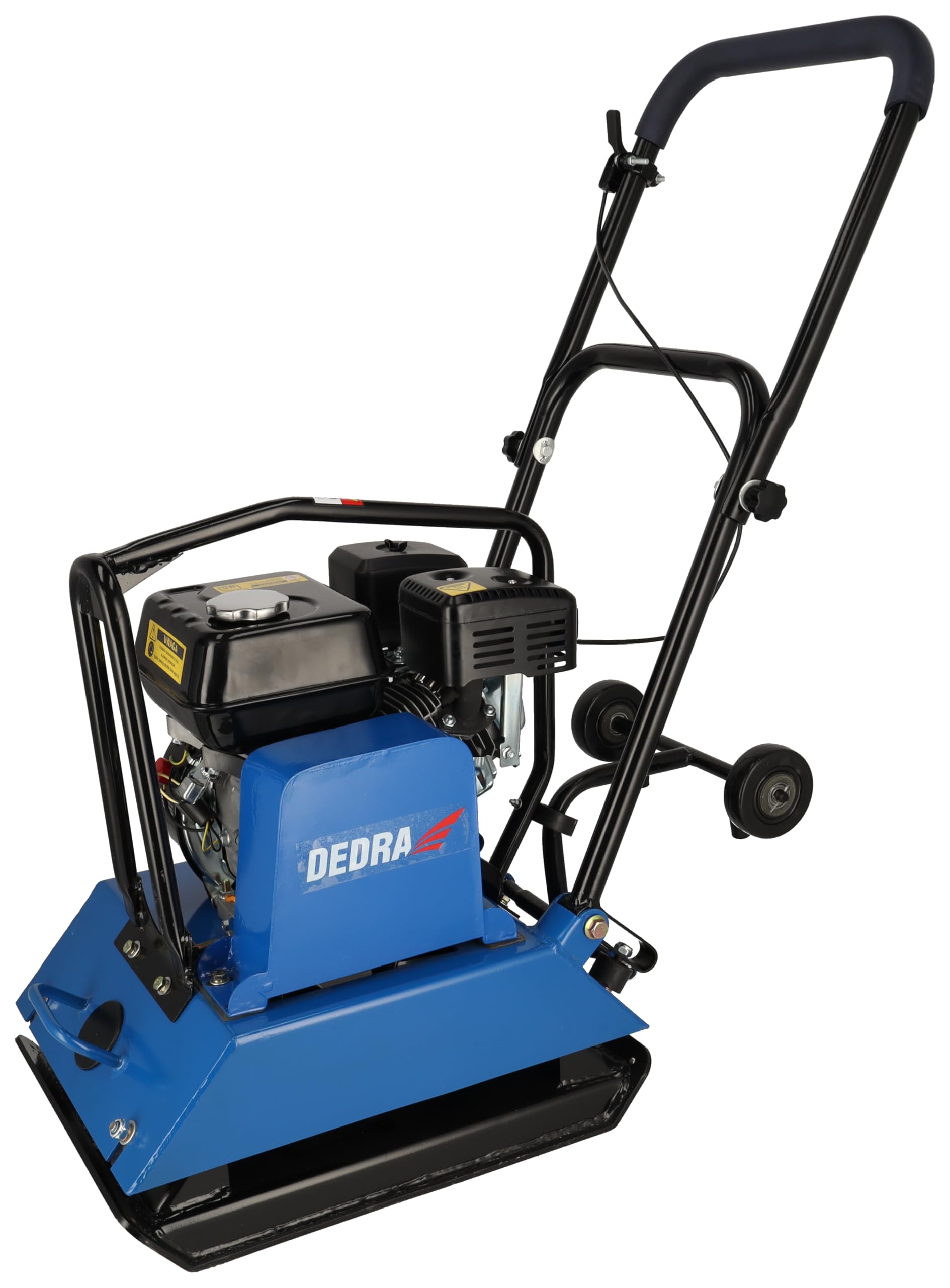DEDRA Rüttelplatte Leistung 4100 W, Gewicht 88 kg, Hubraum 196 cc Loncin, Plattengröße 420x550 mm, 5800 Schläge pro Stunde, für Bauarbeiten, mit Gummimatte, mit Räder und große Transportgriffe