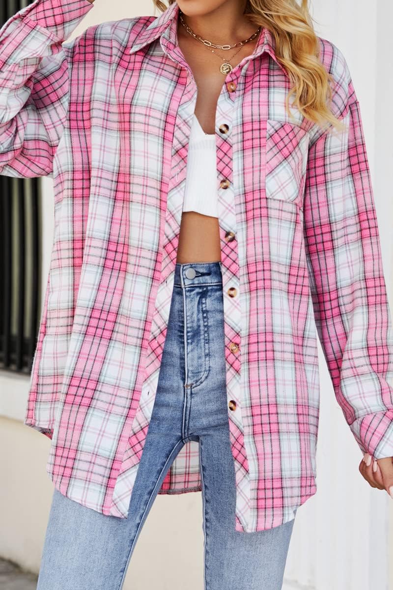 CHYRII Womens Button Down Flannel Shirts Long Sleeve Plaid Shackets Business Casual Blouse Top - Image 5