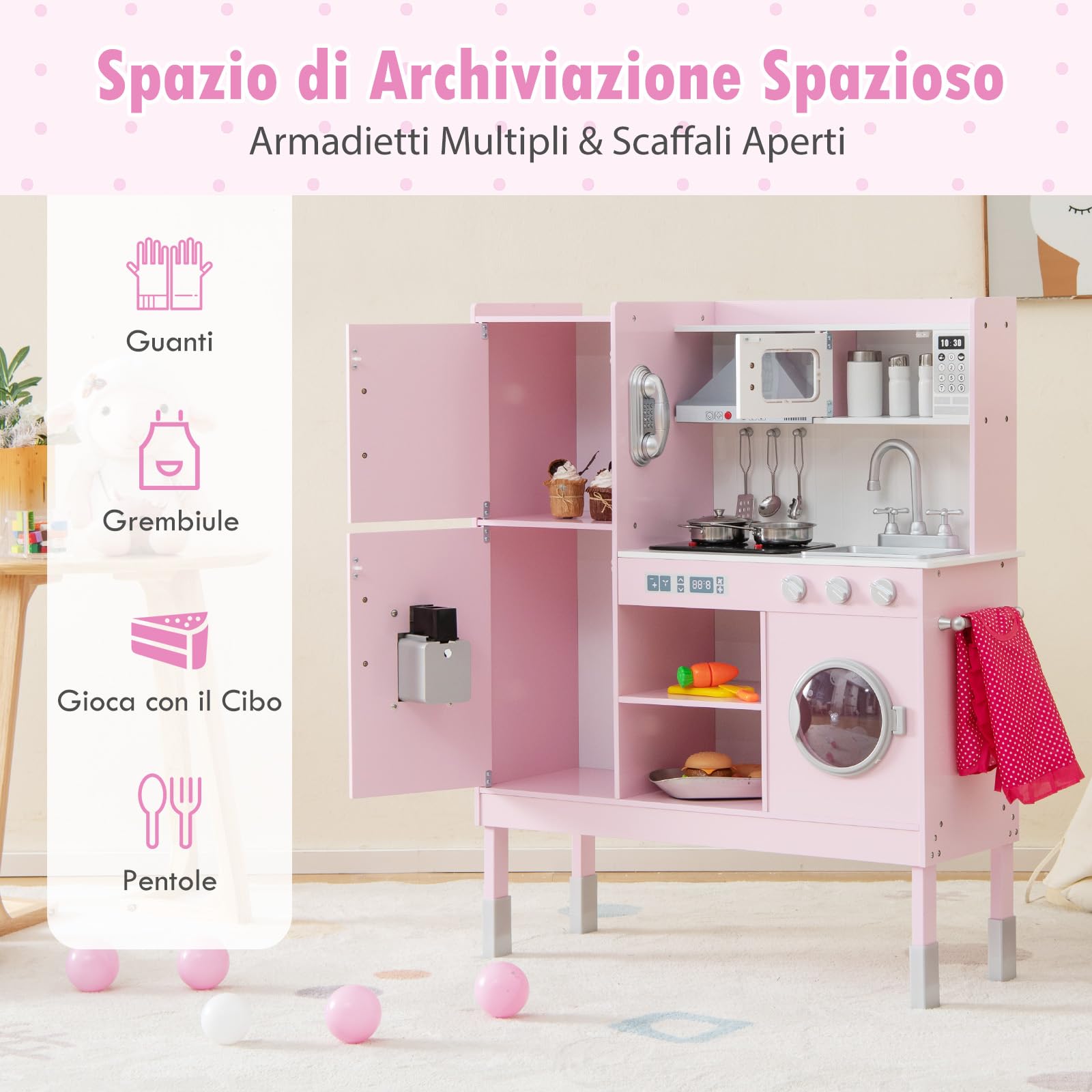 RELAX4LIFE Cucina Giocattolo in Legno per Bambini, Mini Cucina con Luci e Suoni Reali, Altezza Regolabile 97/101/103cm, Set di Cucina per Bambini 3-8 Anni (Lussuosa)