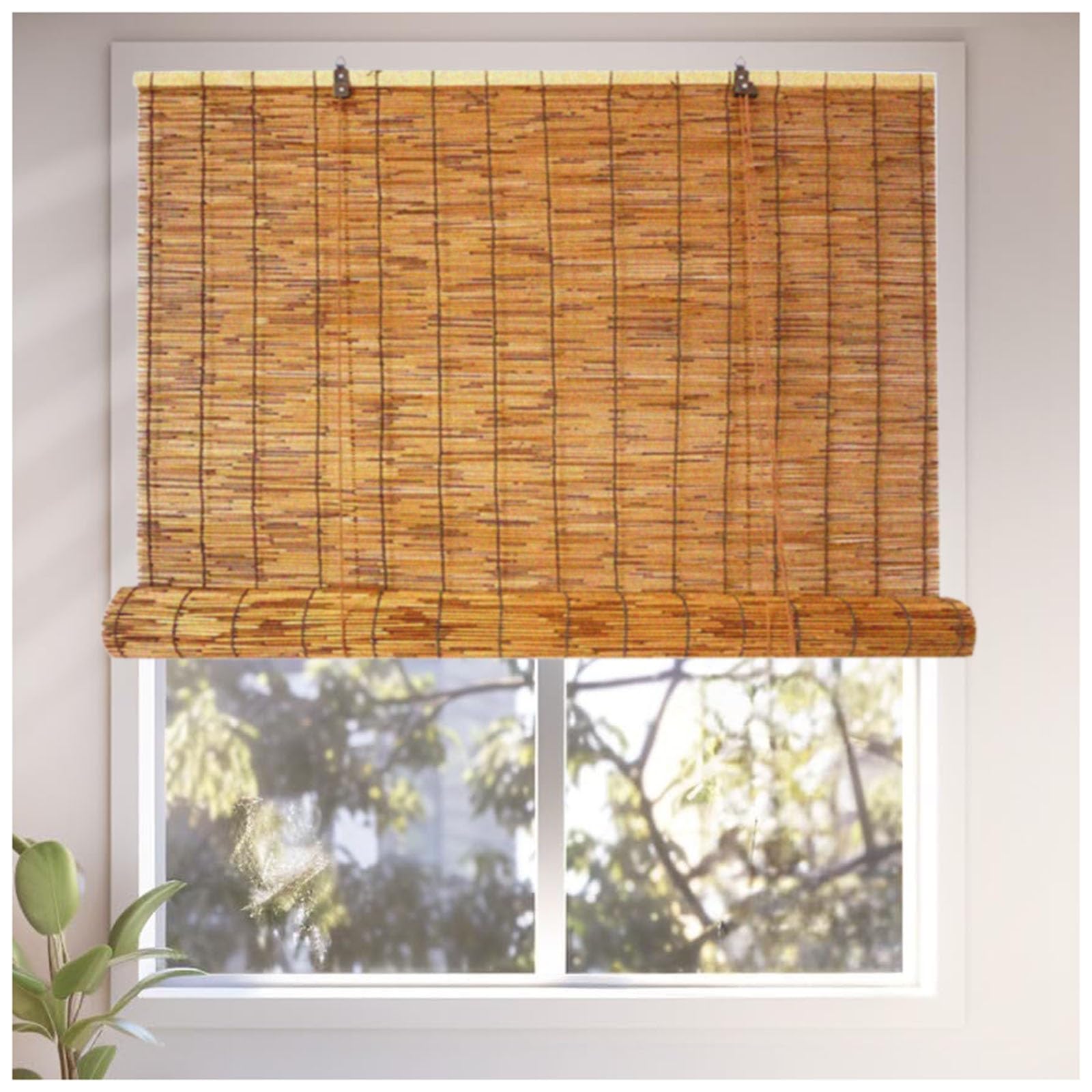 Cordless Blackout Bamboo Window Blinds, Roll Up Indoor/Outdoor Roller Shades, UV Protection Privacy Curtain, 27"-77" Wide