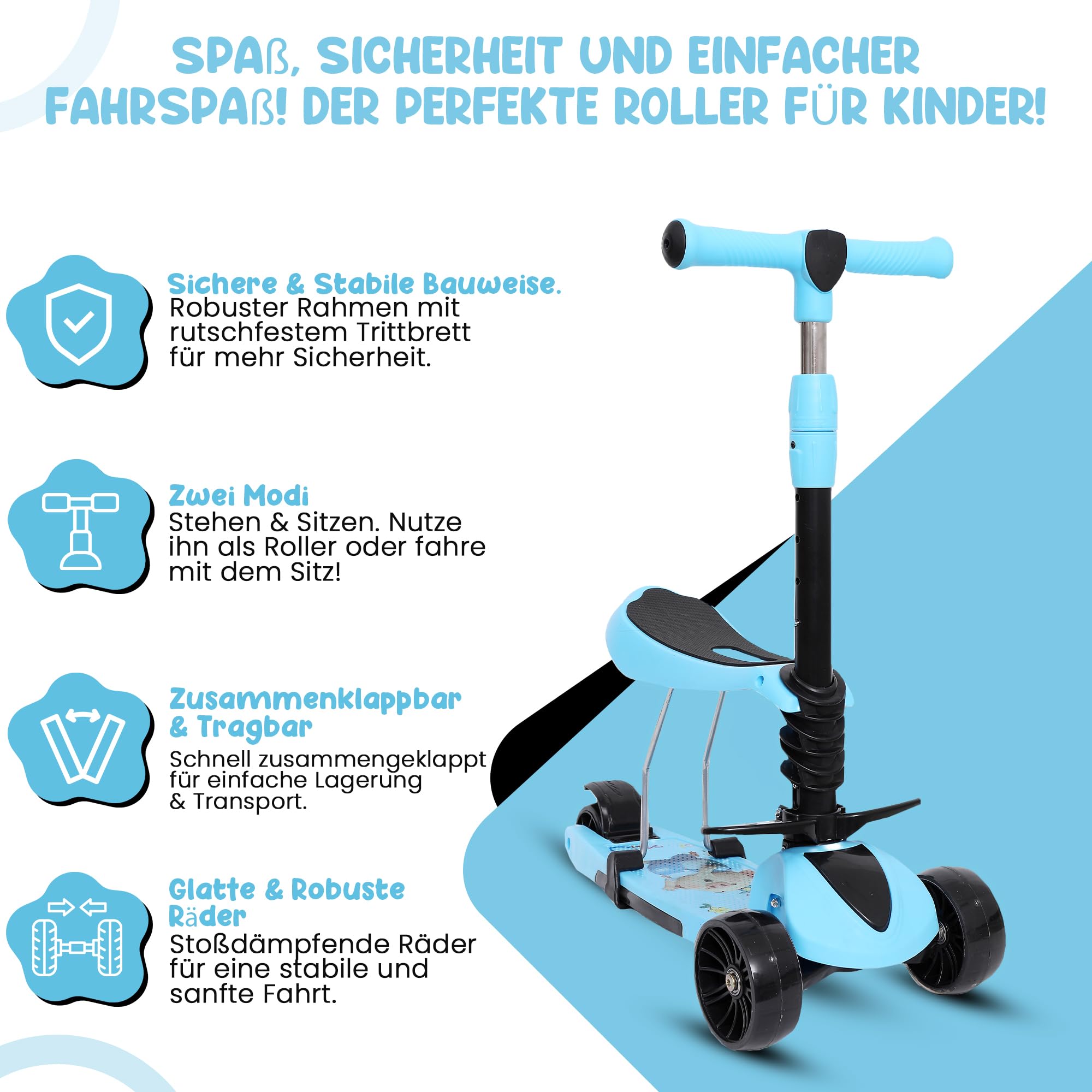 Habib 3-in-1 Kinderroller mit Sitz - Dreirad Tretroller, Faltbar, Höhenverstellbar, LED Räder, Kinderroller ab 3 Jahren (Bis 50kg)