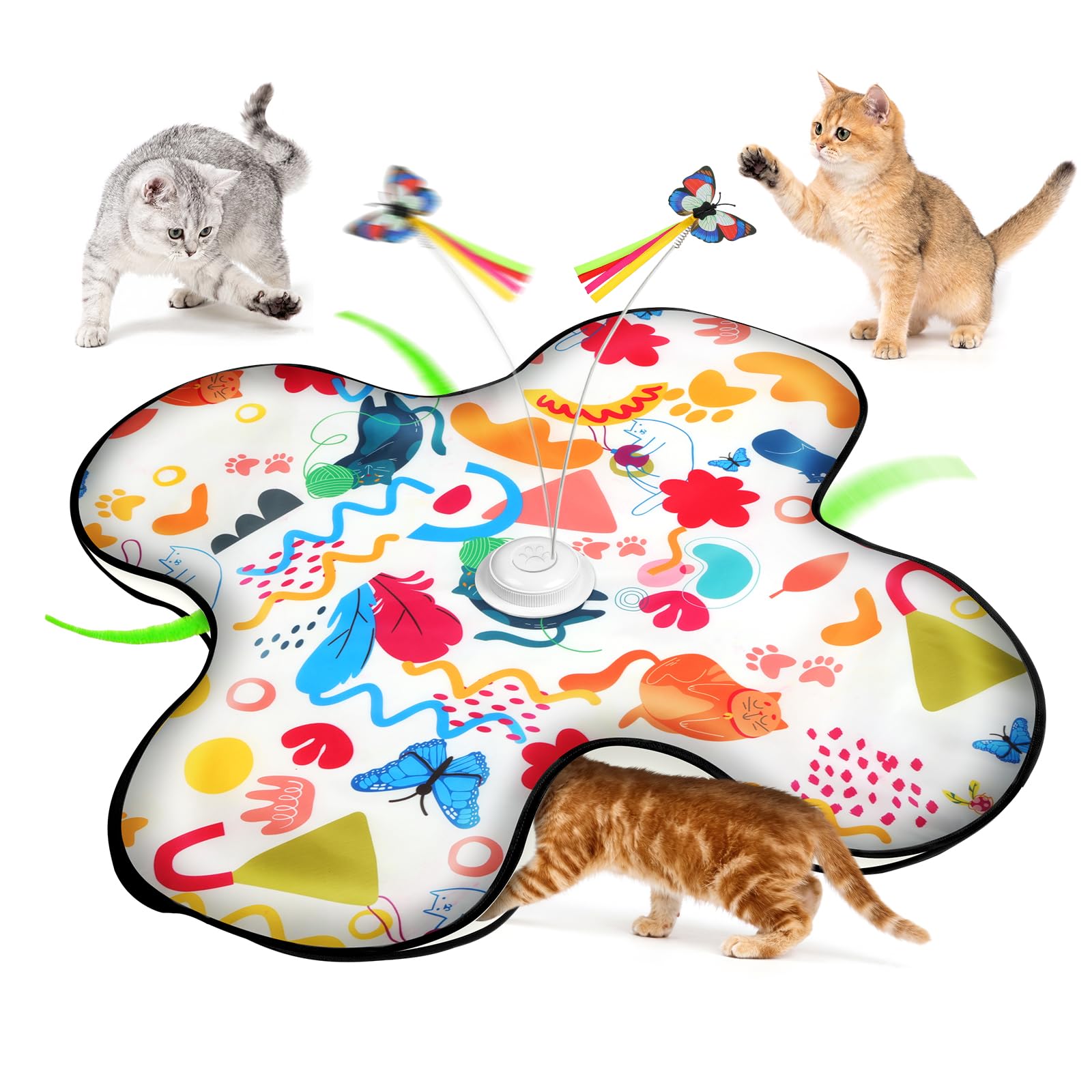 AUYAO Interactive Cat Toy Hide and Seek for Indoor, Moving Concealed Wand Feather, Automatic Cat Toys Play Mat with Feather and Butterfly for Kittens & Adult Cats Enrichment