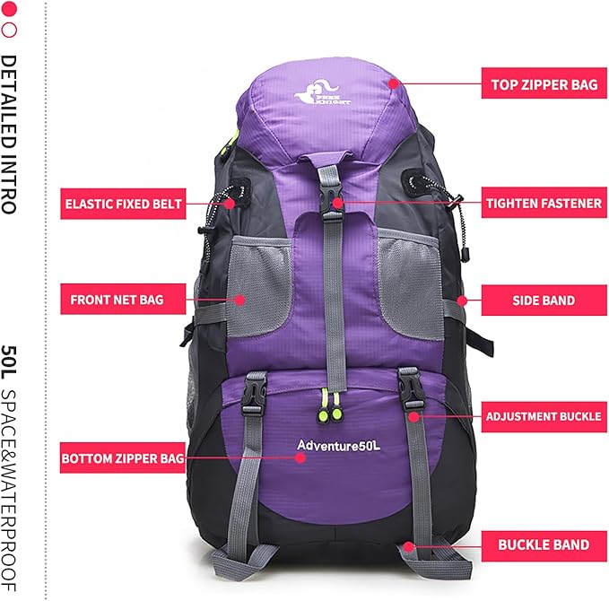 Mochila Senderismo Bseash 50L Impermeable Ligera para Camping miniatura 6