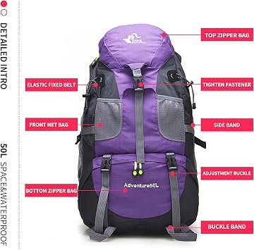Bseash 50L Hiking Backpack, Water Resistant Lightweight Outdoor Sport Daypack Travel Bag for Camping Climbing Touring (Purple - No Shoe Compartment)