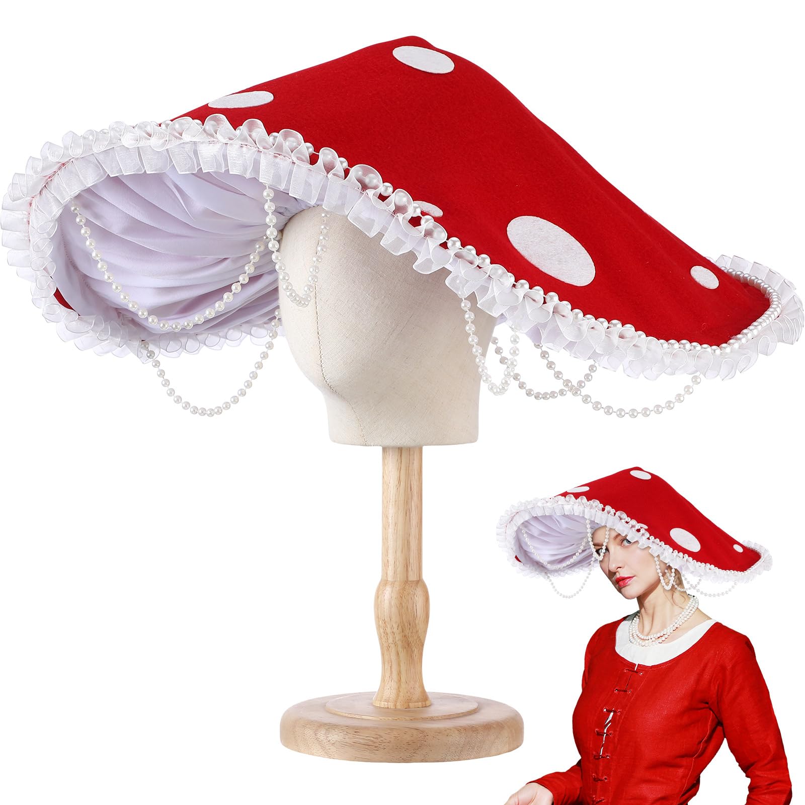 CrolooseMushroom Hat Renaissance Medieval Costume Cosplay Halloween Victorian Fairy Accessories with Bead Lace Brim Cap