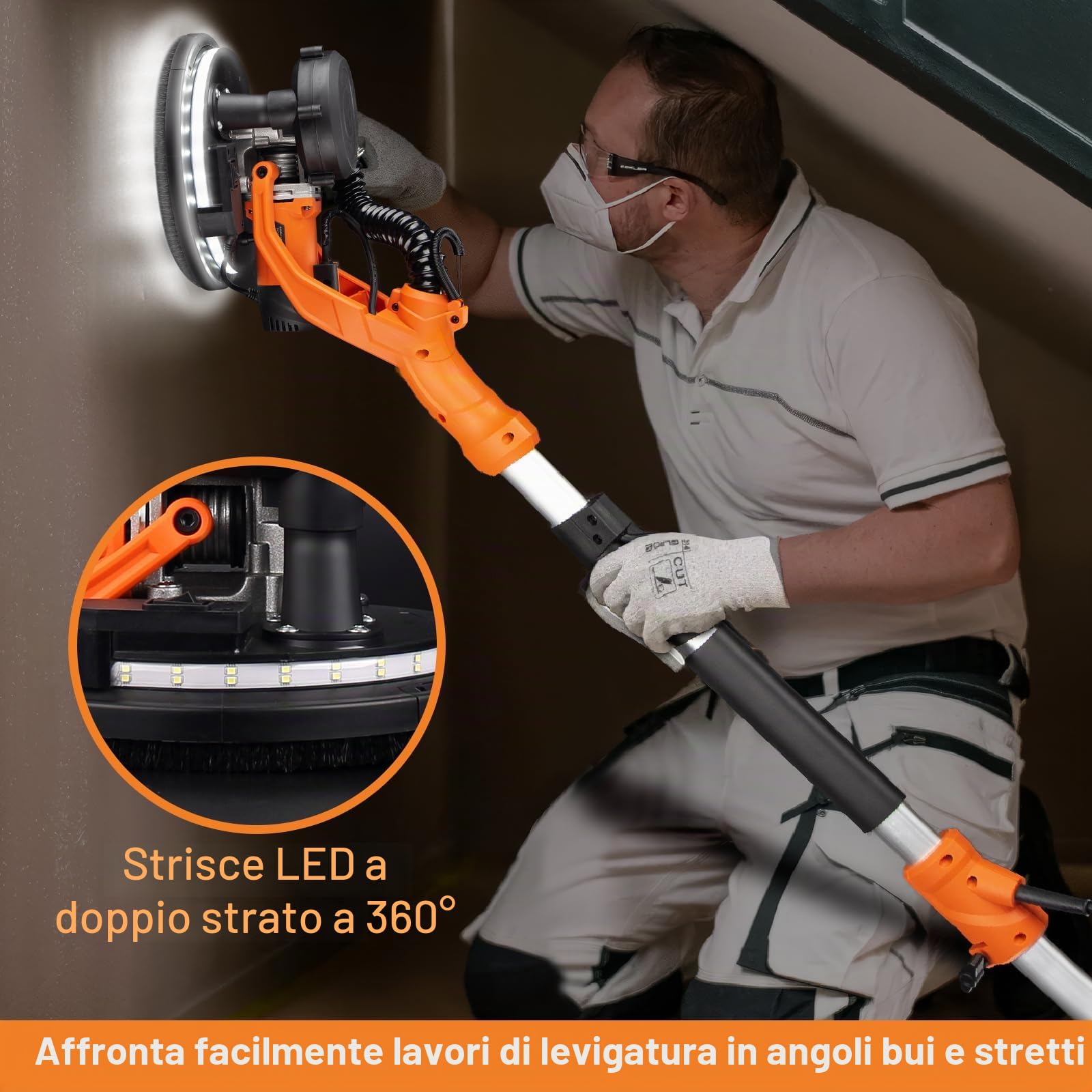 Protmex Giraffa Levigatrice - 1000W Levigatrice per Muro con Aspiratore e Luce LED, 6 Velocità 800-2200RPM, Dischi di Levigatura 15pcs, Pieghevole Estensibile per Muri