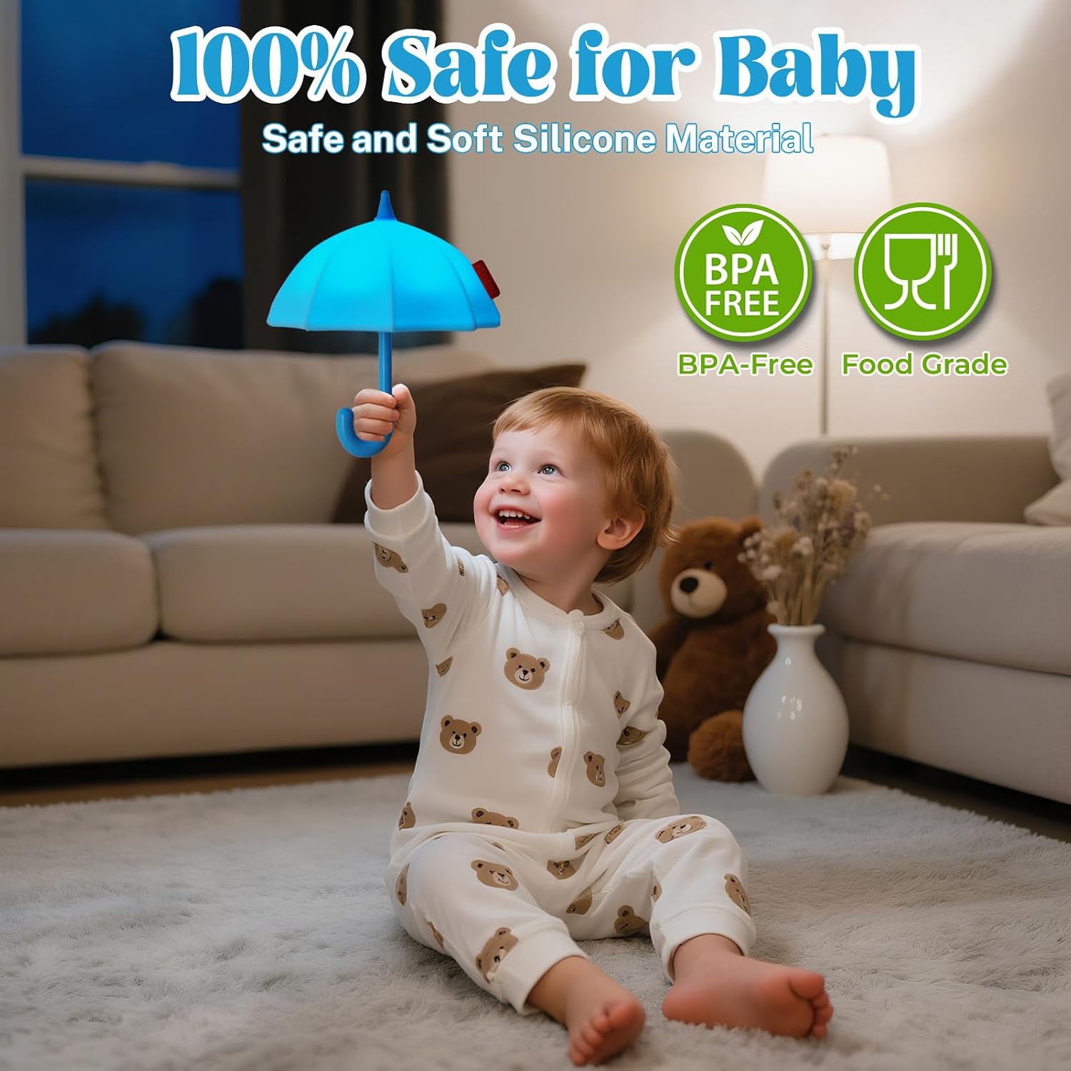 Umbrella Night Light for Kids, 3 Levels Dimmable Silicone Tap Lamp for Baby Nursery, Rechargeable Squishy Bedside Night Lamp for Bedroom, Light-Up Magnetic Fridge Magnets for Kitchen (Bule)