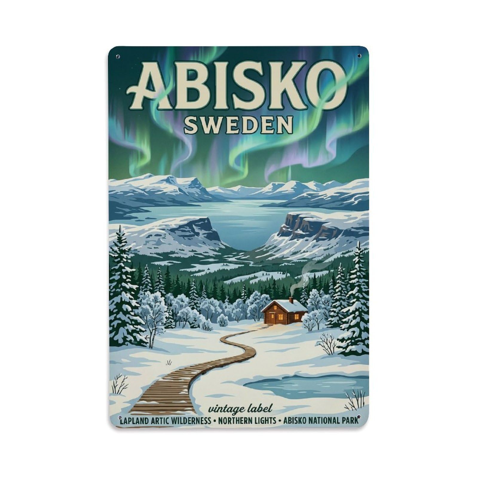 Vintage Travel Abisko Sweden Landscape Metal Tin Sign Plaque Wall Decor for Cafe, Club Bar, Office, Home Garden Metal Poster 8x12Inch