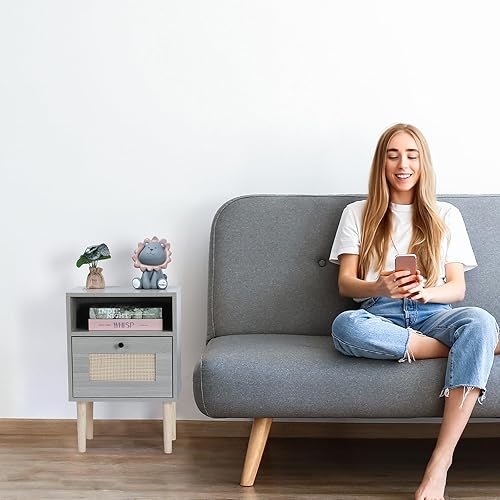 Miniatura 7 de SEHERTIWY Mesita de noche de mediados de siglo, mesa auxiliar de ratán con cajones, mesita de noche moderna, mesita de noche de madera bohemia con