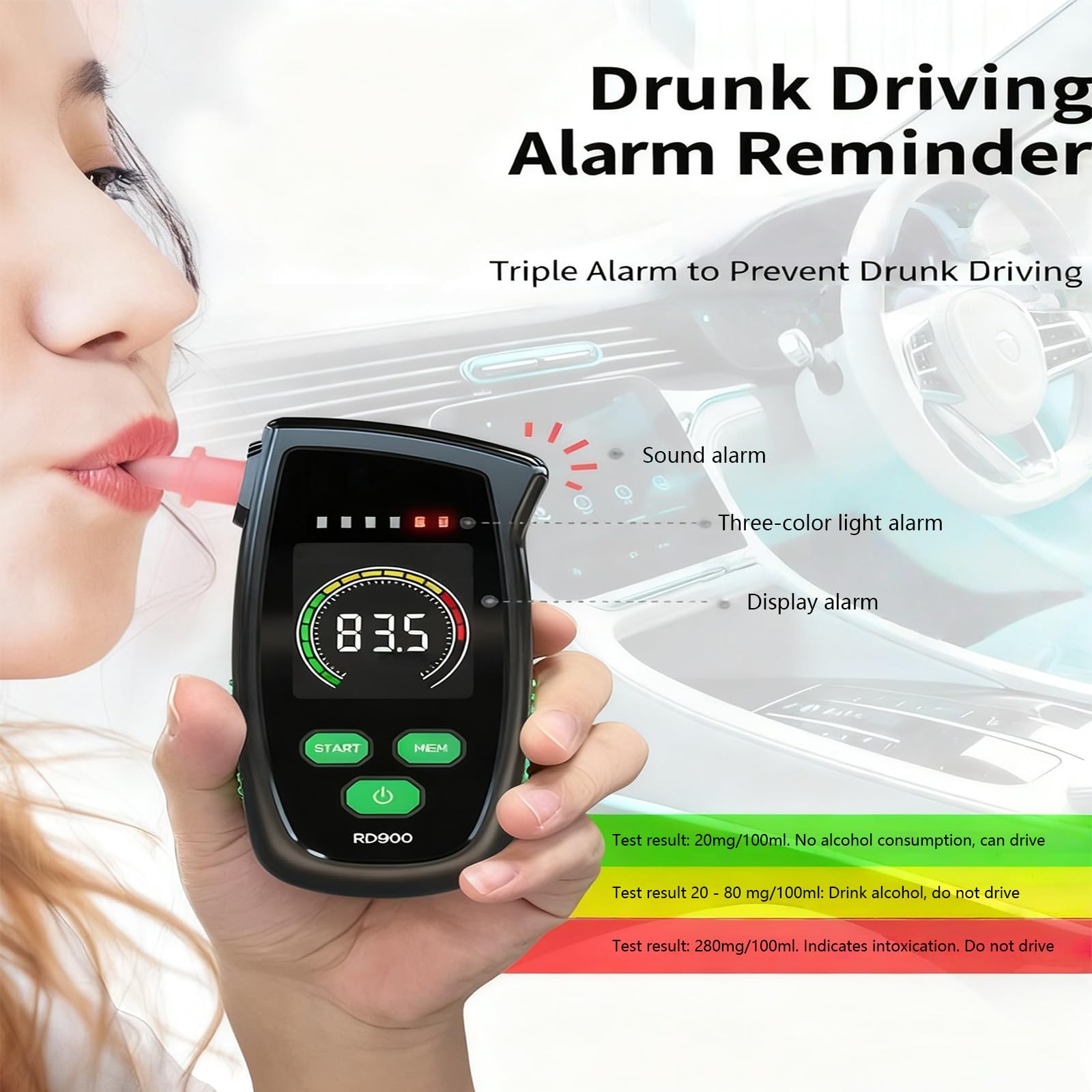 Tester professionale con schermo LCD, segnale acustico e luce, misuratore ricaricabile a risposta rapida Tester per alcoli respiratori Etilometro tascabile