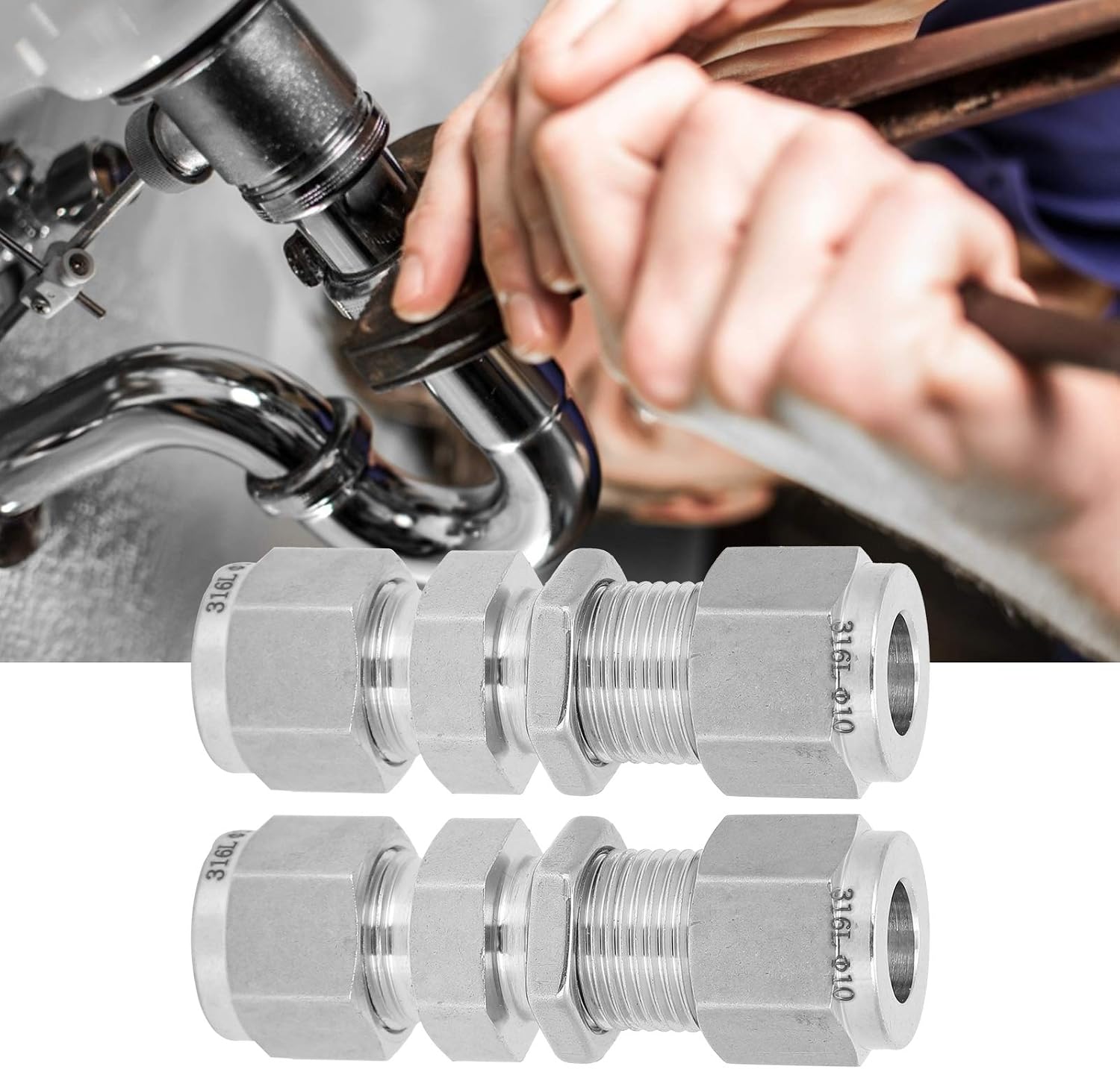2Pcs 316 Stainless Steel Compression Bulkhead Fitting, Double Ferrule Connector, Reusable, Installation, Pressure, for Water Gas Oil Pipes (F10)