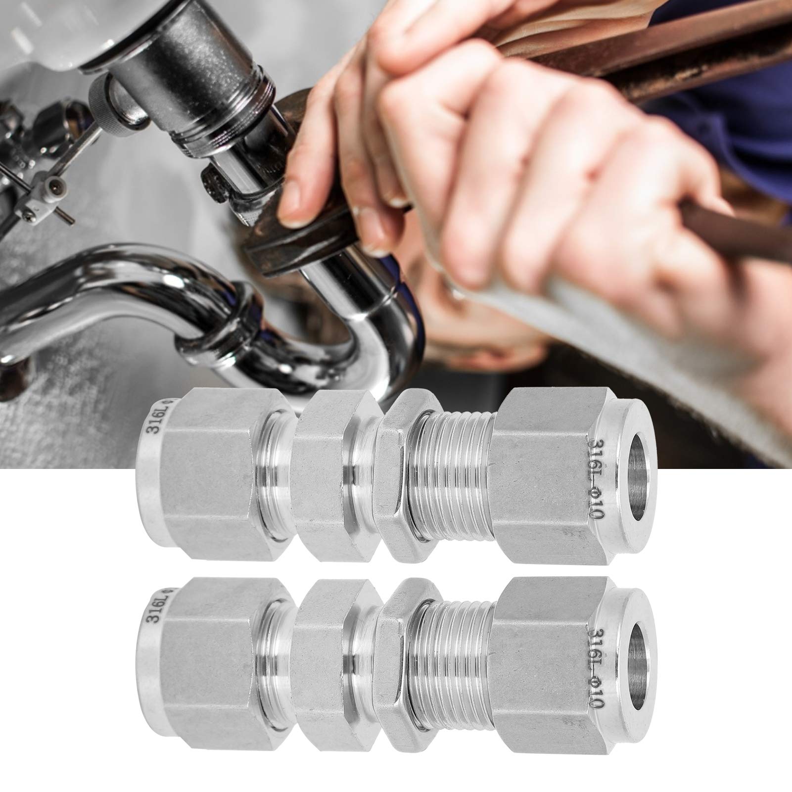 2Pcs 316 Stainless Steel Compression Bulkhead Fitting, Double Ferrule Connector, Reusable, Installation, Pressure, for Water Gas Oil Pipes (F10)