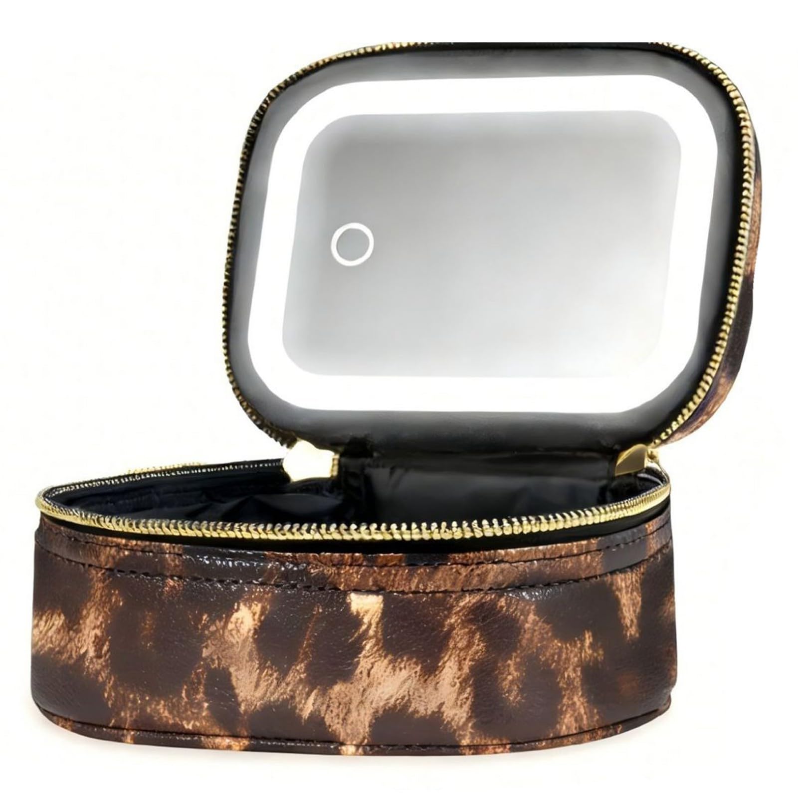Bolsa de maquillaje de viaje con espejo LED, estuche de cosméticos de cuero, mini bolsas de aseo, Estampado de leopardo, Belleza masiva