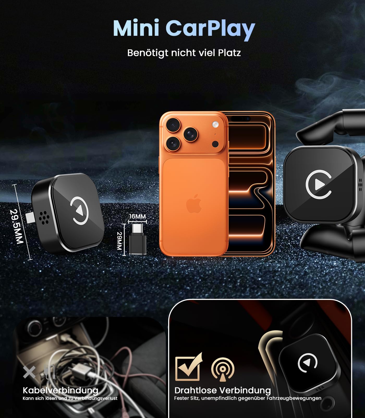 2026 CarPlay Wireless Adapter für Apple CarPlay & Android Auto, 2-in-1 Wired zu Wireless Car Play, Kompatibel iOS 10+ & Android 11+, USB-A/C, Plug & Play, Schnelle Verbindung, OTA-Updates, Schwarz