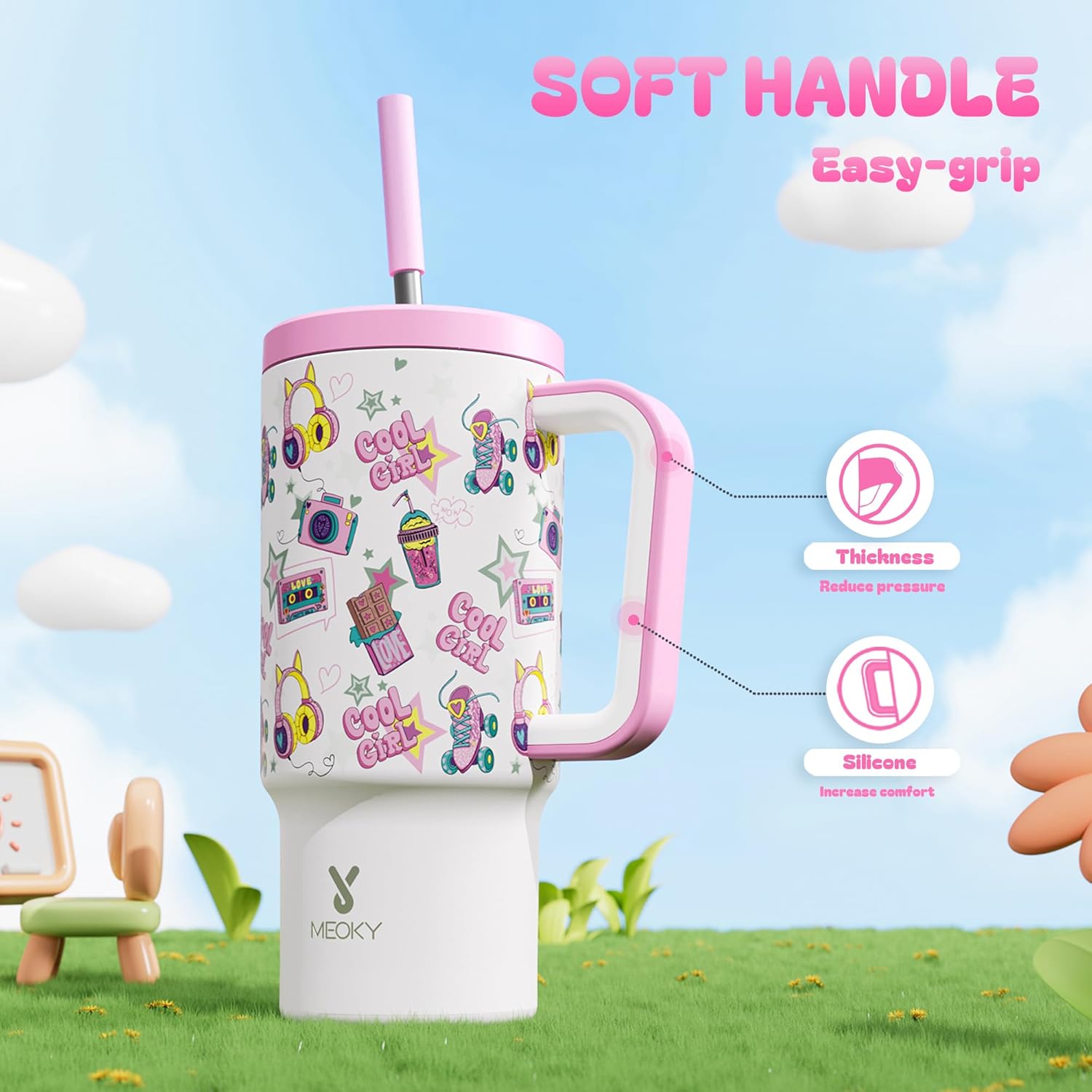 Meoky 24 oz Kids Tumbler with Handle: Glow in the Dark Tumbler with Lid and Straw - Keeps Cold for 24 hours - 100% Leakproof - BPA-Free for Travel Car Cupholders - Girls Students, Pink Whimsy - Image 6