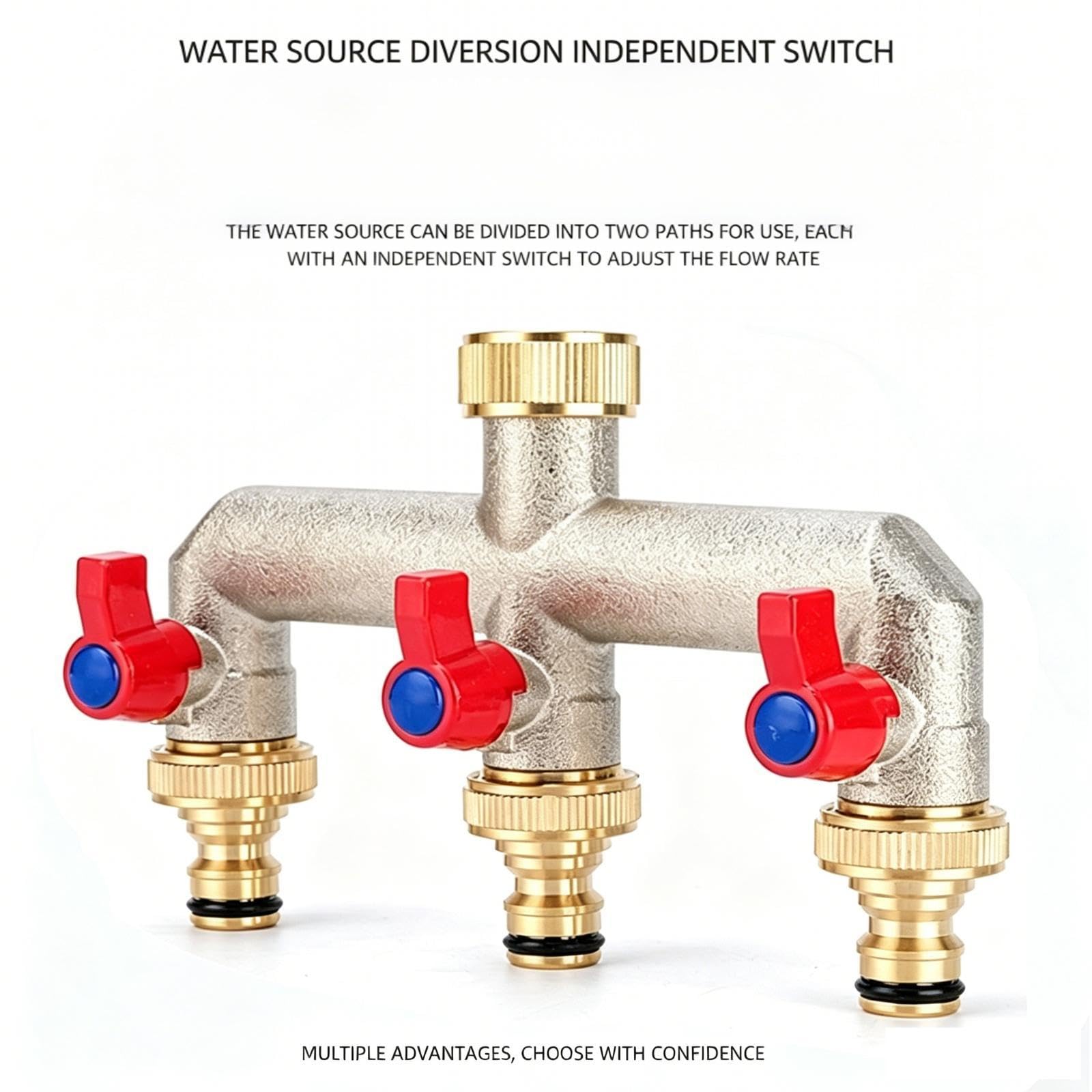 Qianly Hose Splitter Conector de para Grifo Exterior Distribuidor de Agua Vías Latón Resistente Adecuado para Riego de Jardines Uso Doméstico, Azul Rojo