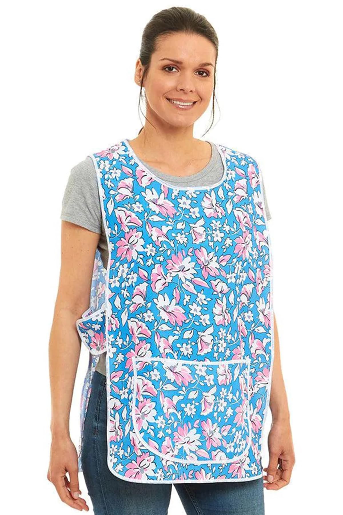 Tesmark Ladies Floral Design With Piping Tabard Apron Overalls Front Pocket Stylish Tabards For Women Casual Aprons For Women Use in Home Kitchen Restaurants Coffee Shops UK Made (S, Blue)