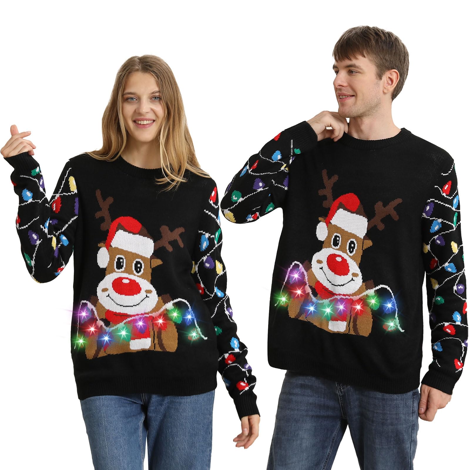 Kouric Maglione Natalizio Uomo con Luci, Maglione Natalizio Donna Divertenti, Girocollo Maglioni Natalizi Famiglia LED Ugly Christmas Sweater, Brutti Maglioni di Natale per Uomo/Donna/Coppia/Bambino