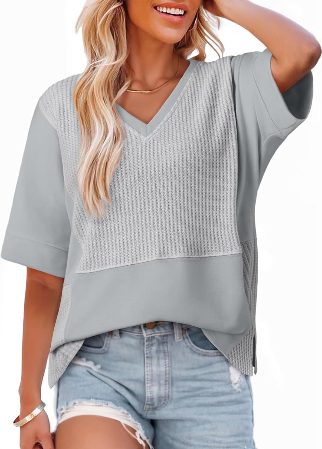 Dokotoo Oversized Tshirts for Women V-Neck Summer Tops Short Sleeve Fluffy Touch Waffle Casual Loose Fit Blouse