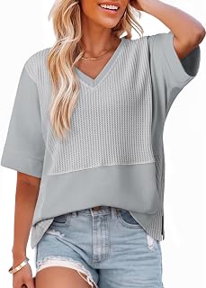 Oversized Tshirts for Women V-Neck Summer Tops Short Sleeve Fluffy Touch Waffle Casual Loose Fit Blouse