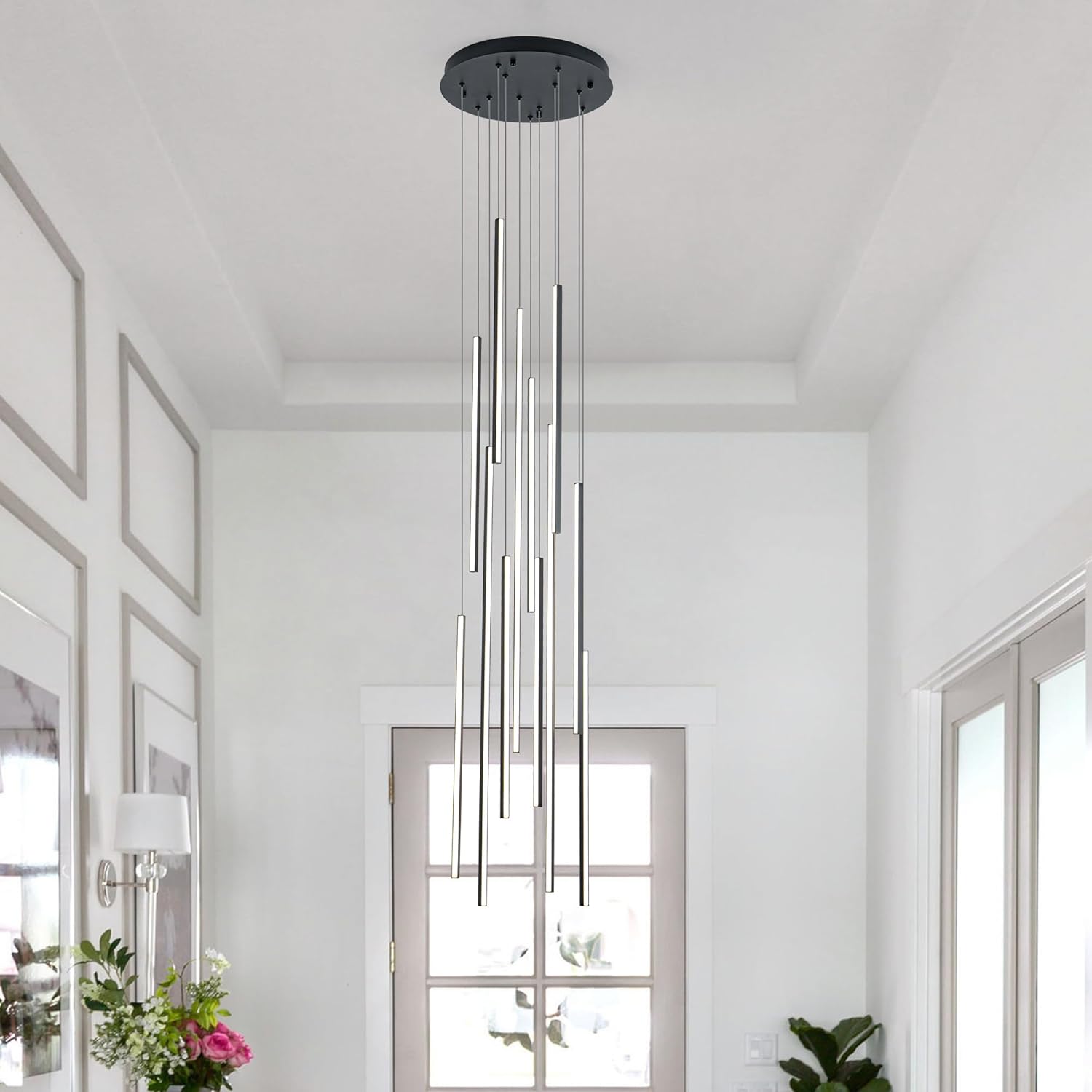 118" Modern LED Chandelier, Clustered Led Pendant Light, 12-Lights Dimmable High Ceiling Large Hanging Lighting Fixture for Loft Villa Living Room Stairs Foyer (Black-80W-12 Lights)