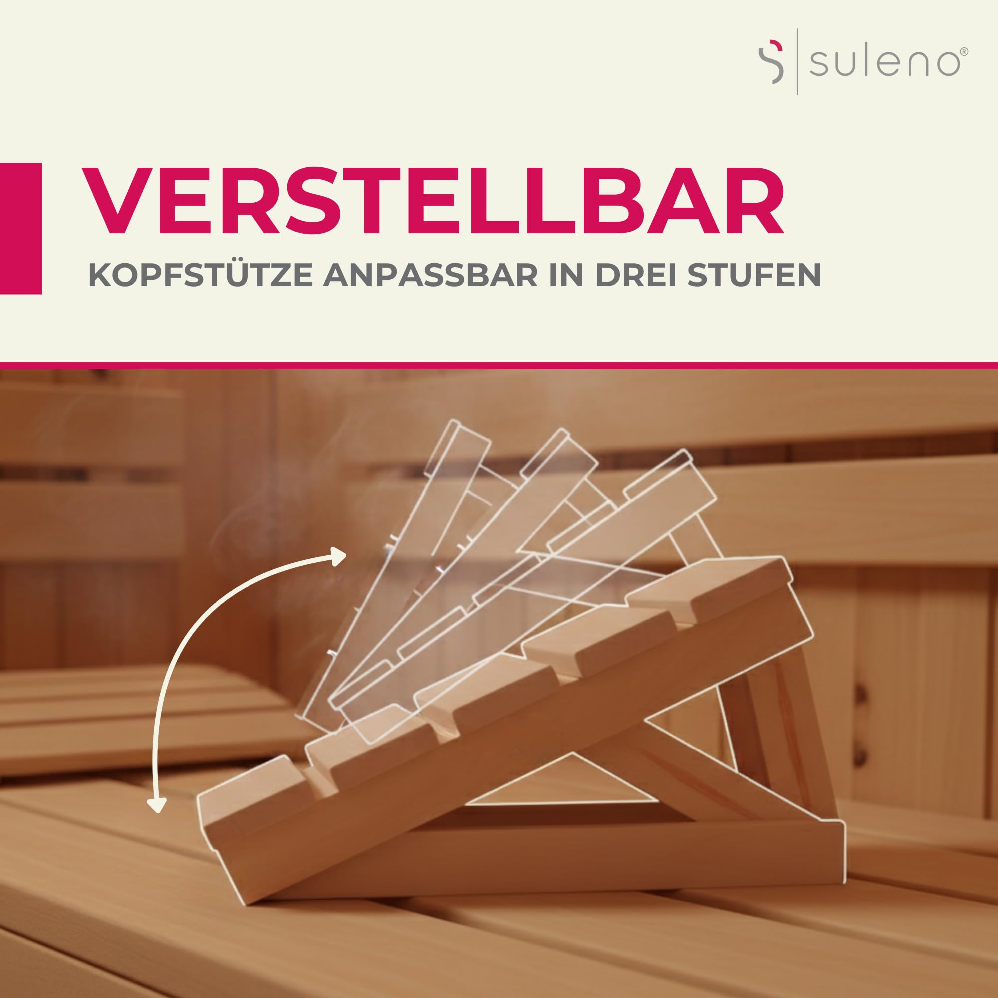 SULENO Sauna Kopfstütze JARI aus Espenholz, ergonomische | 3-fach verstellbare Nackenstütze für Sauna & Wellness, hochwertige, stabile und komfortable Saunakopfstütze, Rückenlehne