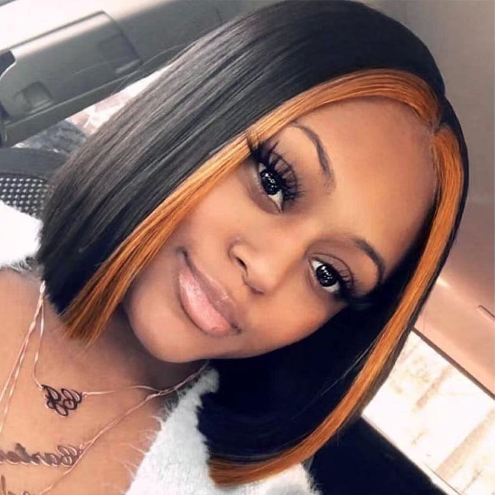 AISI QUEENS Highlights Bob Wigs Short Straight T Lace Front Wigs for Women Synthetic Middle Part Wig 150% Density Hair Heat Resistant for Cosplay Daily Party Use