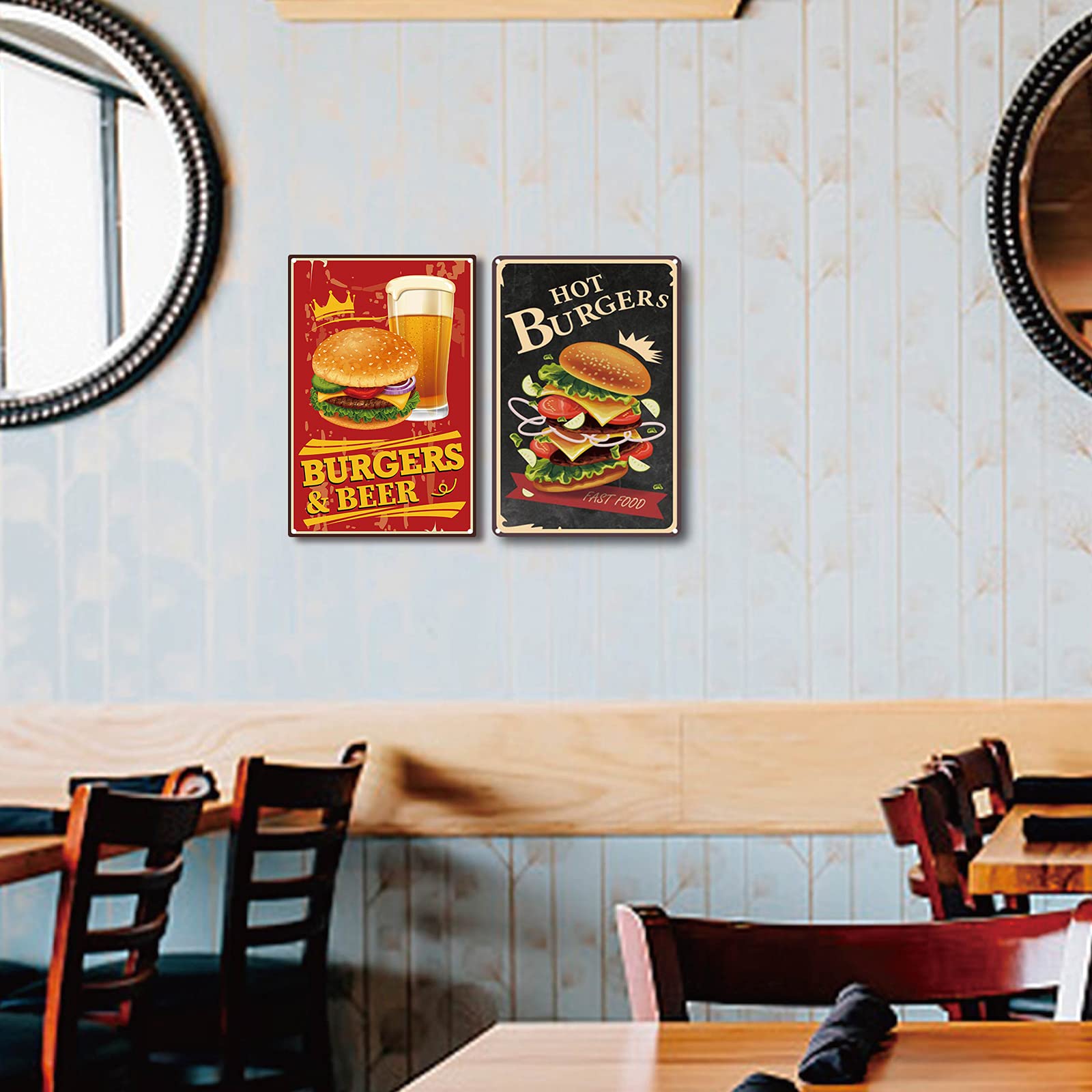 2 Targhe In Metallo Vintage Hamburger E Birra - Decorazione Per Cucina, Bar, Ristorante, 20x30cm Ciascuna