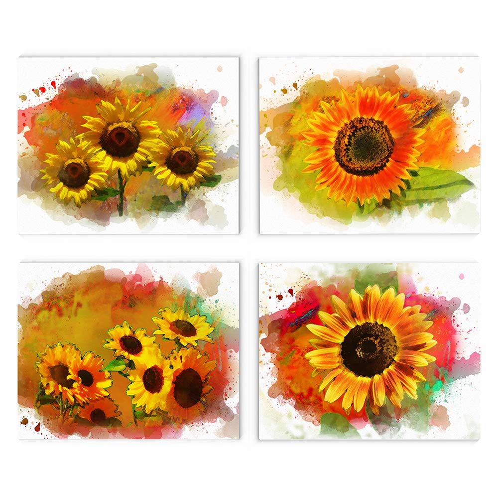 Sunflower Wall Art, 8"x10" Set of Four, Unframed Botanical Art Print - Stunning Watercolor Style Flower Decor for Kitchen, Bedroom, Office, Bathroom, Home