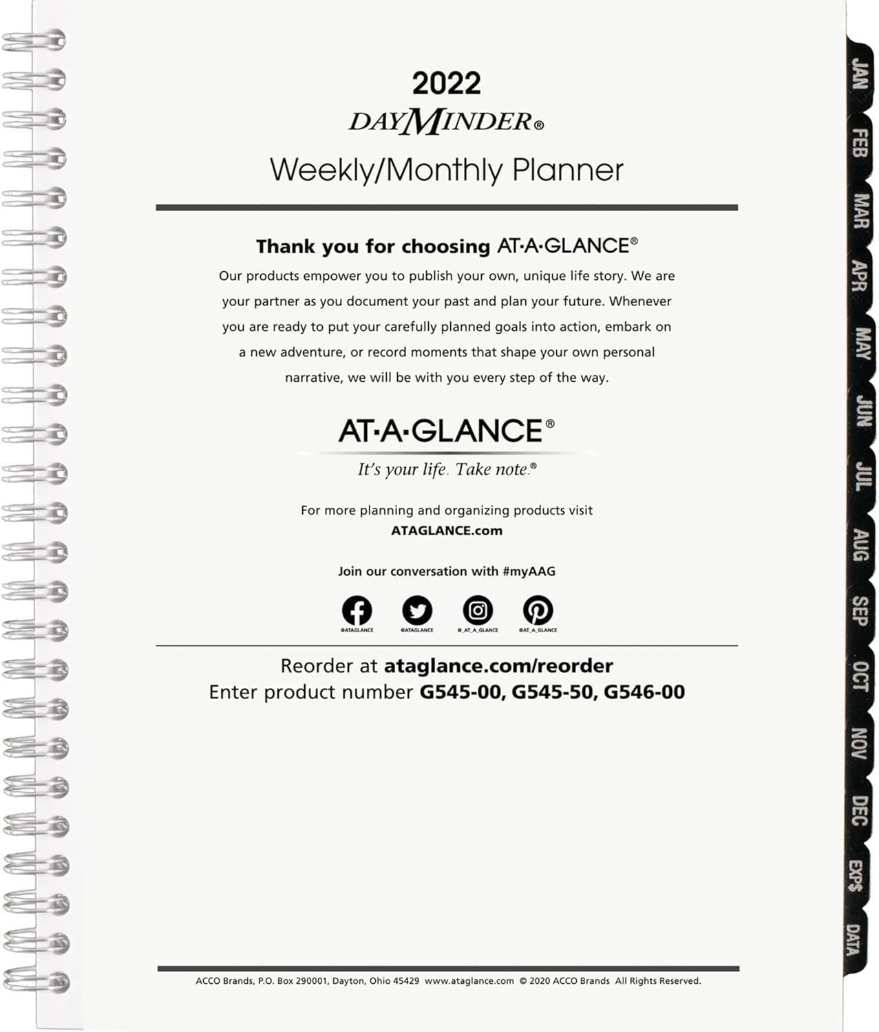 AT-A-GLANCE 2022 Weekly & Monthly Planner Refill for G545 Line Planners by AT-A-GLANCE, 7" x 8-3/4", Medium, Executive, DayMinder (G54550)