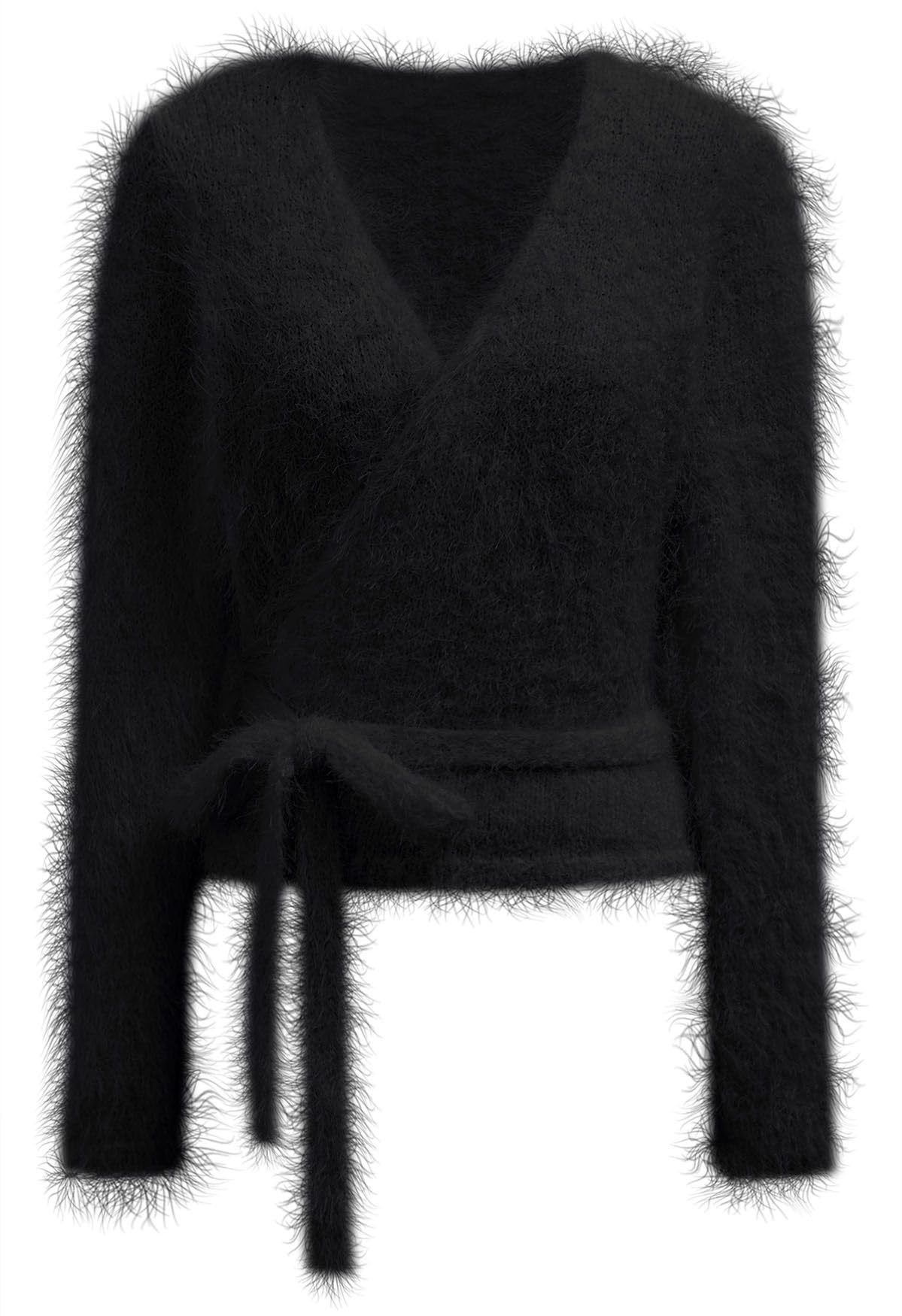 CHICWISH Women Fuzzy V Neck Wrap Knit Top Tie Waist Knot Long Sleeve Soft Pullover Sweater Casual Fall
