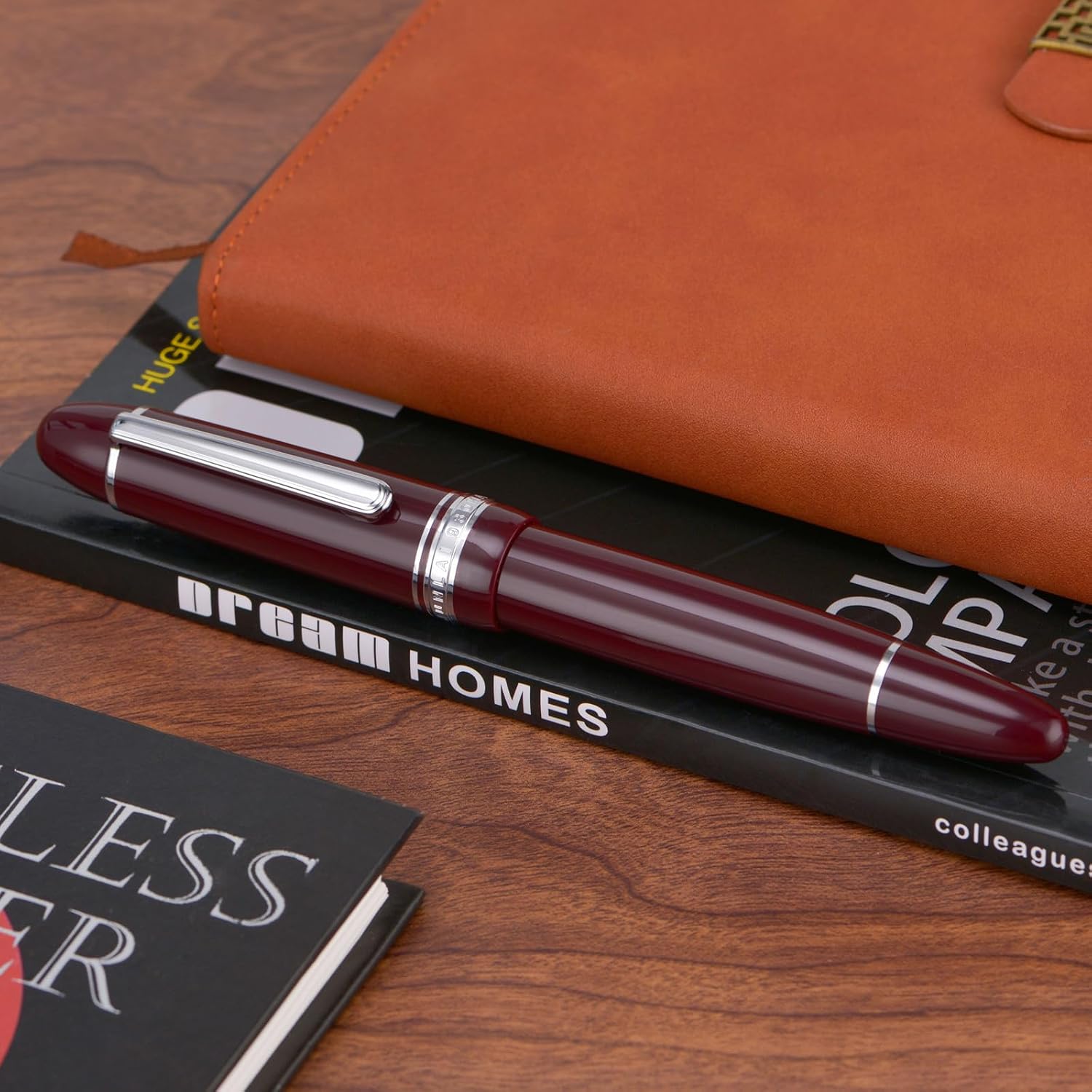 Yongsheng Junlai 930 Acrylic Fountain Pen, Size 9 Broad Nib with Piston Filling System, Wine Red Fence Ink Tank with Torpedo Shape Design Large Hand Pen (Silver Trim)