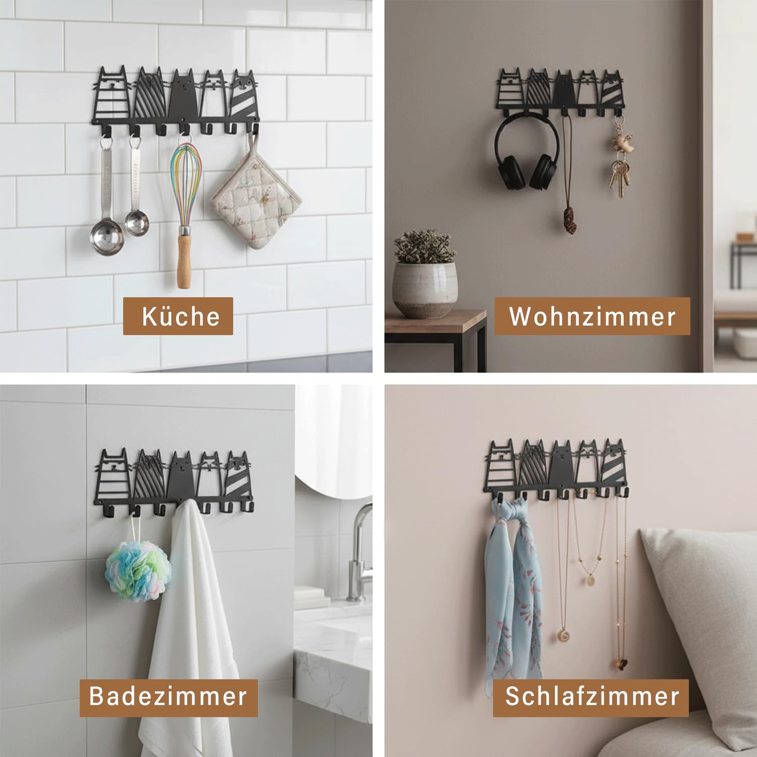LEMONSTONE Tablica na klucze z 7 haczykami, czarna, haczyk na klucze, metalowy uchwyt na klucze, do kuchni, sypialni, salonu, łazienki, przechowywania kluczy (koty)