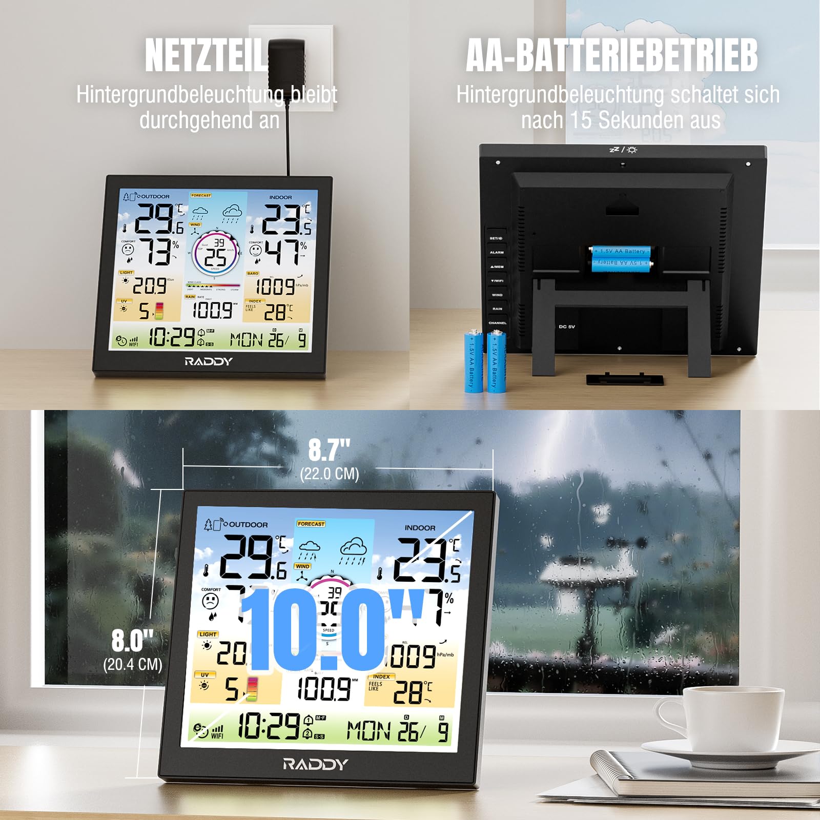 Raddy WF-120C WLAN Wetterstation mit 7-in-1 Außensensor, 10" Farbdisplay, Regenmesser, Windmesser, UV- & Lichtindex, Innen- und Außenthermometer, Wettervorhersage, Luftfeuchtigkeit & Luftdruck