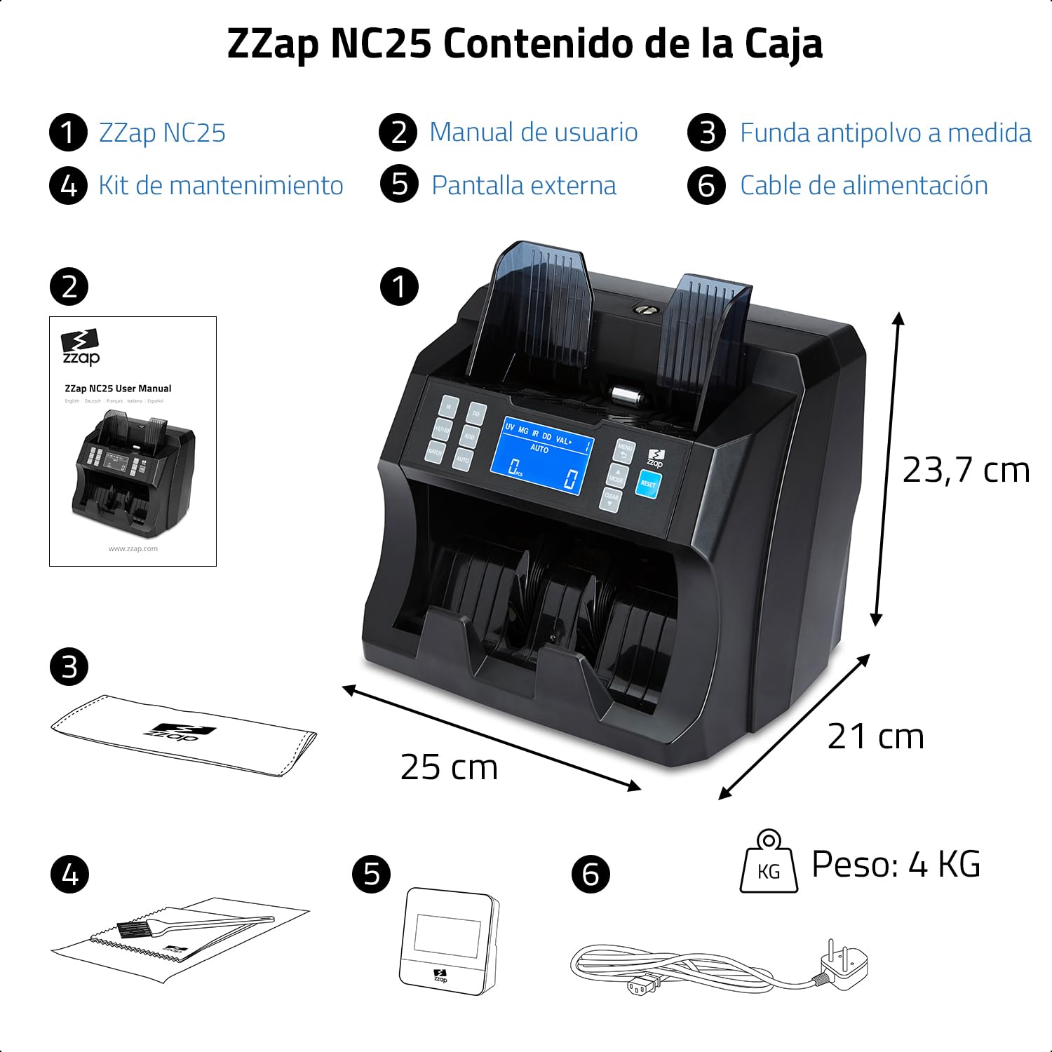ZZap NC25 Contadora de billetes y detector de falsificaciones – Máquina de efectivo y divisas