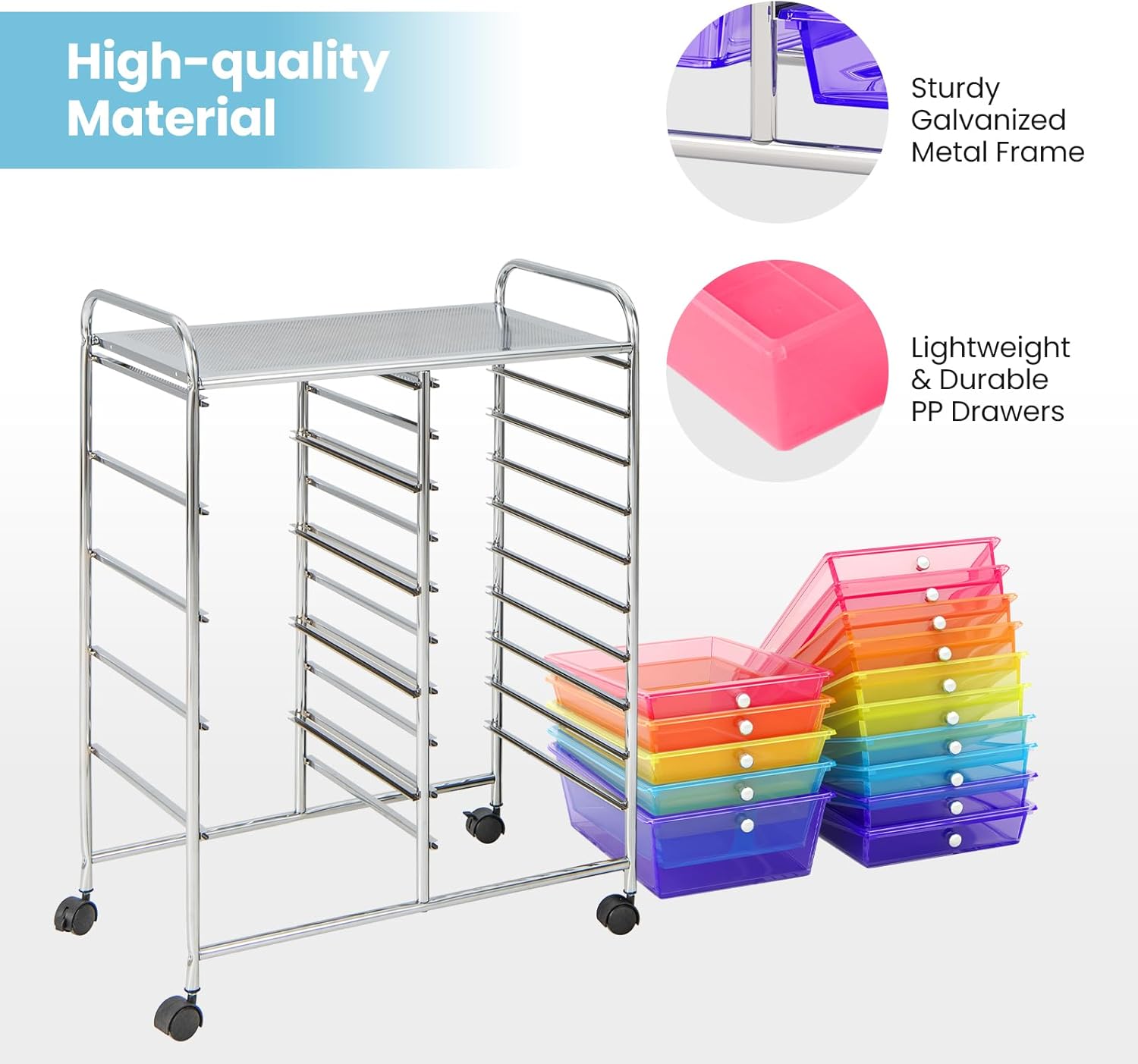 Giantex 15 Drawer Rolling Cart with Drawers, Storage Organizer Cart for Classroom Office School Teacher, Mobile Drawer Cart for Tools, Crafts, Small Printer, Paper (Clear Red+Orange+Green+Blue+Purple)