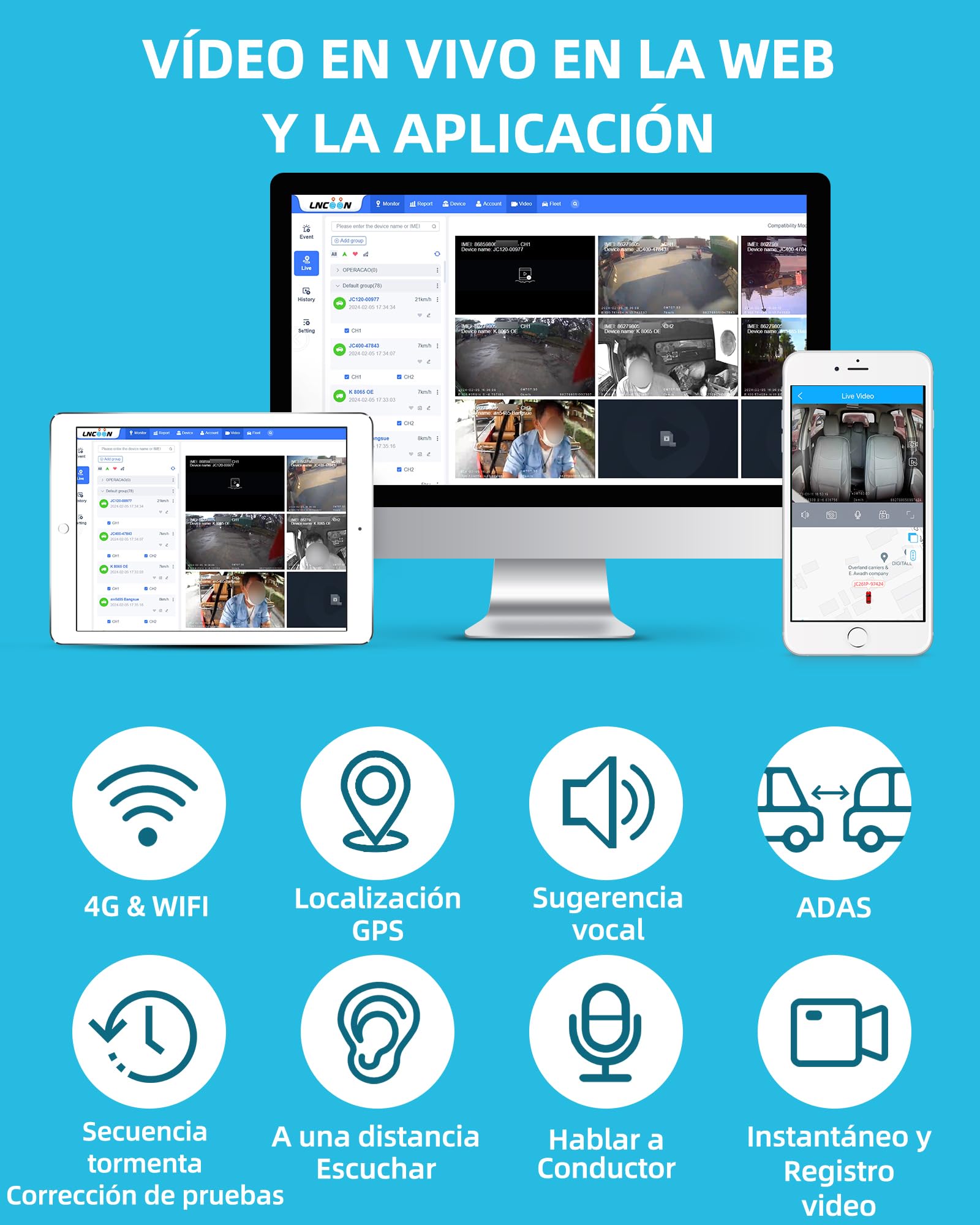 ADAS Dashcam Cámara Coche WiFi 4G Frontal e Interior, Monitor Remoto, Vídeo en Vivo, Cámara de Salpicadero Dual para Coche 1080P con GPS, Sensor G, Corte de Combustible, Llave SOS - JC261P