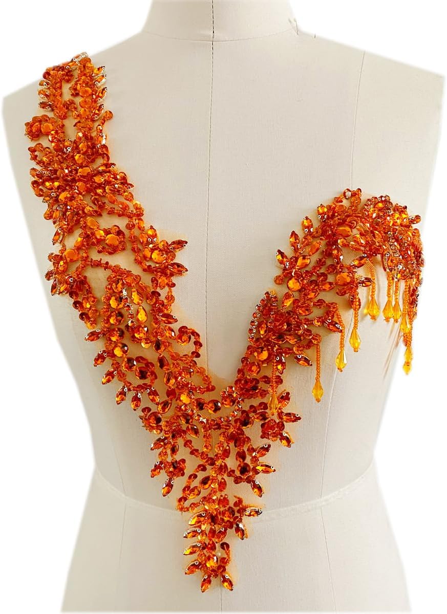 Unique Design handsewing Beads Applique sew on Rhinestones Crystal Sequins Tassel Patches Trimming for One-Shoulder Dress Shining Decoration Accessories 20X9.4 inches (Orange)