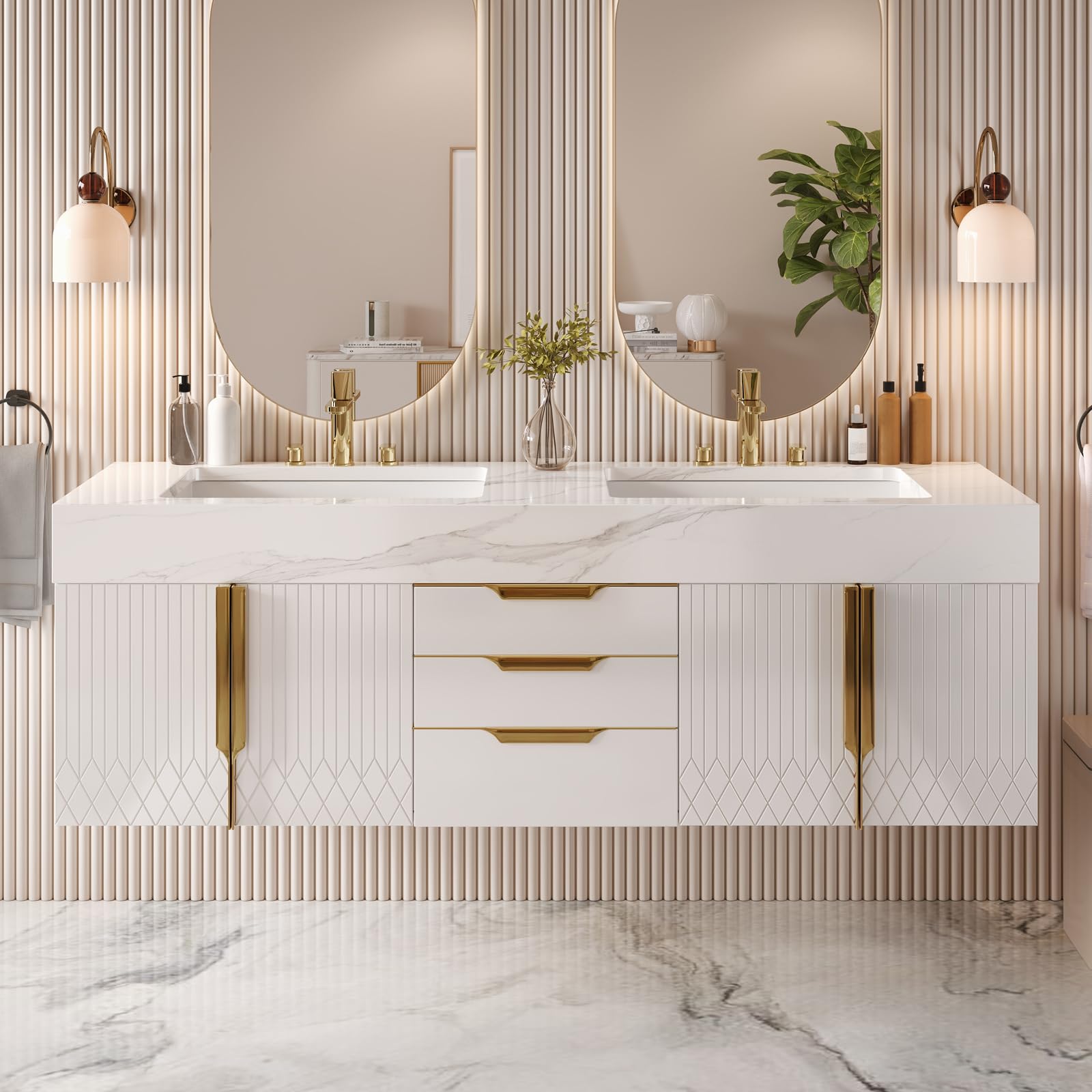Homary Mueble de baño Flotante 59" con Lavabo, Mueble de baño con Lavabo Doble montado en la Pared con encimera de Piedra sinterizada y Amplio Espacio de Almacenamiento, Blanco.