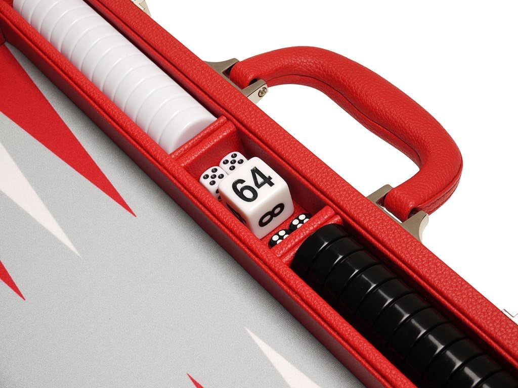 16-inch Premium Backgammon Game Set - Red Board - Grey Field - White and Red Points