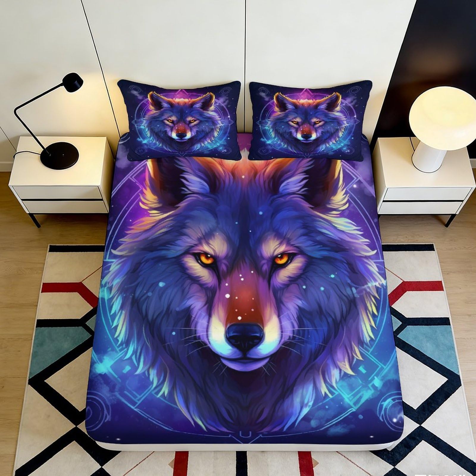 3D Printed Mystic Wolf Fitted Sheet Microfiber Soft Breathable Night Forest Mattress Cover for Bedroom Dorm Decor 90x200x25cm